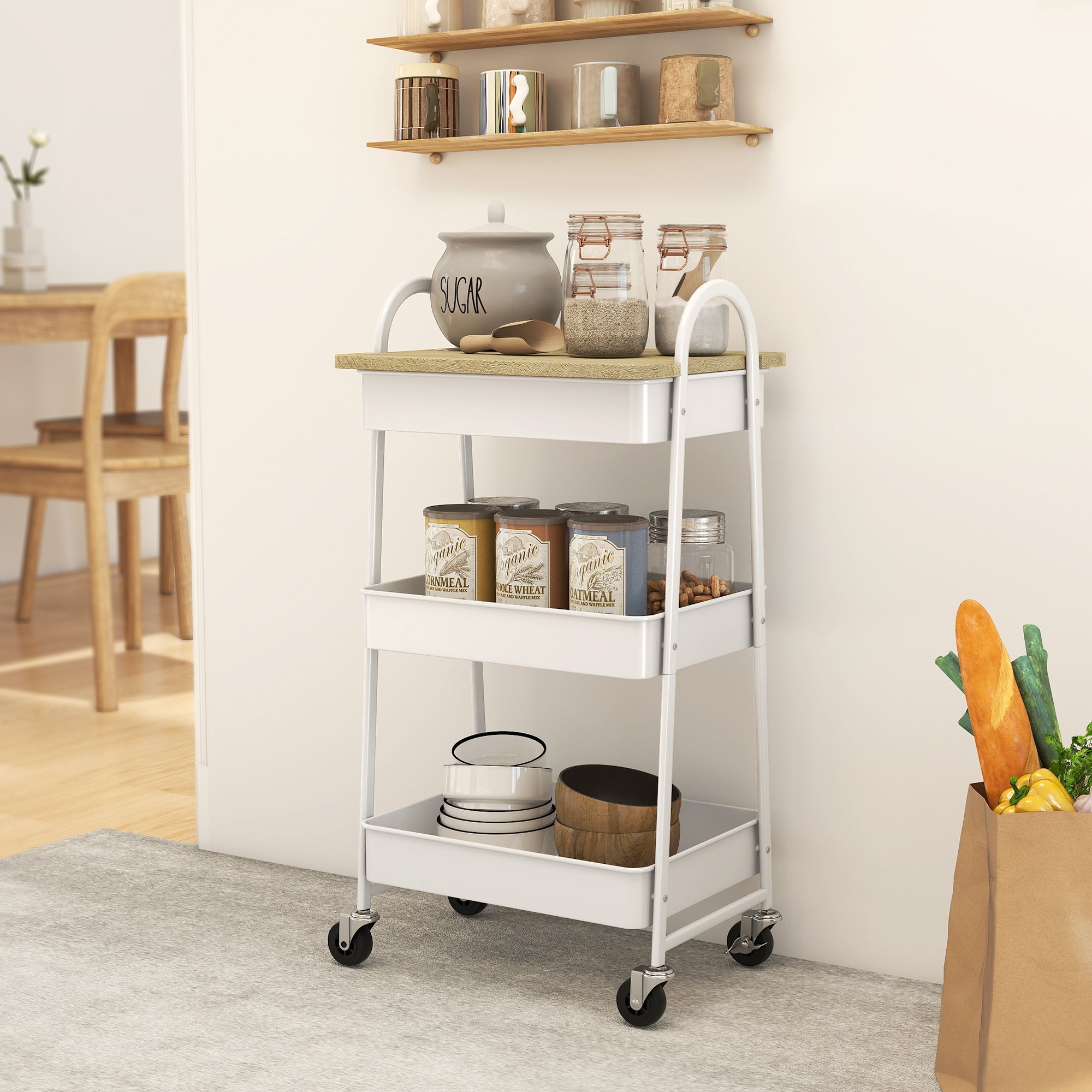 Kozy - 3-Tier Kitchen Storage Trolley with on Wheels Cover Top Board - White and Oak