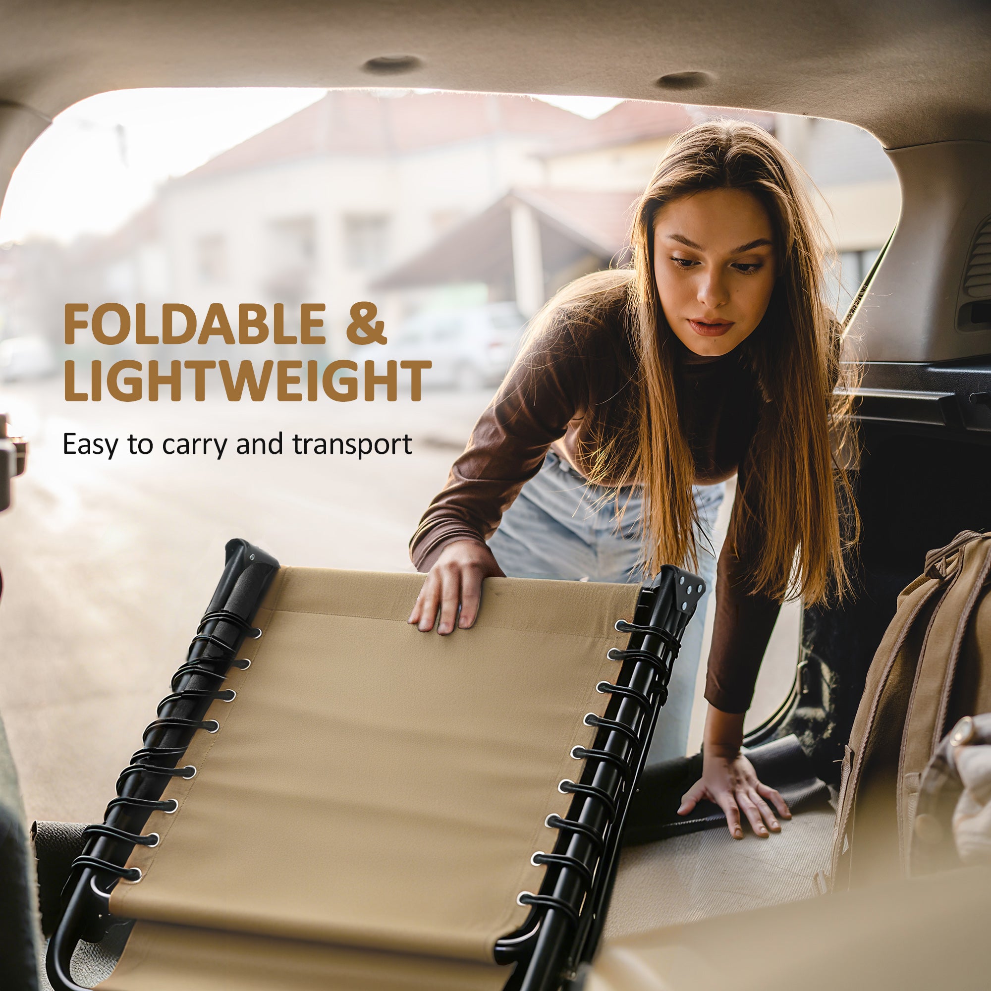 Kozy Portable Sun Lounger, Folding Camping Bed Cot, Reclining Lounge Chair 5-position Adjustable Backrest with Side Pocket, Pillow for Patio Garden Beach Pool, Beige