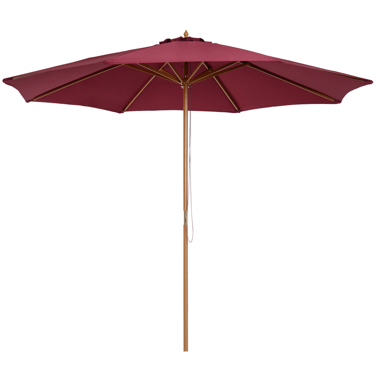 Kozy 3(m) Garden Parasol, Pulley Operated Patio Umbrella, Wooden Table Market Umbrella with Rope Pulley Mechanism and 8 Ribs, Wine Red
