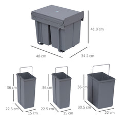 HOMCOM Kitchen Recycle Waste Bin Pull Out Soft Close Dustbin Recycling Cabinet Trash Can Grey (40L (1x20L+2x10L))