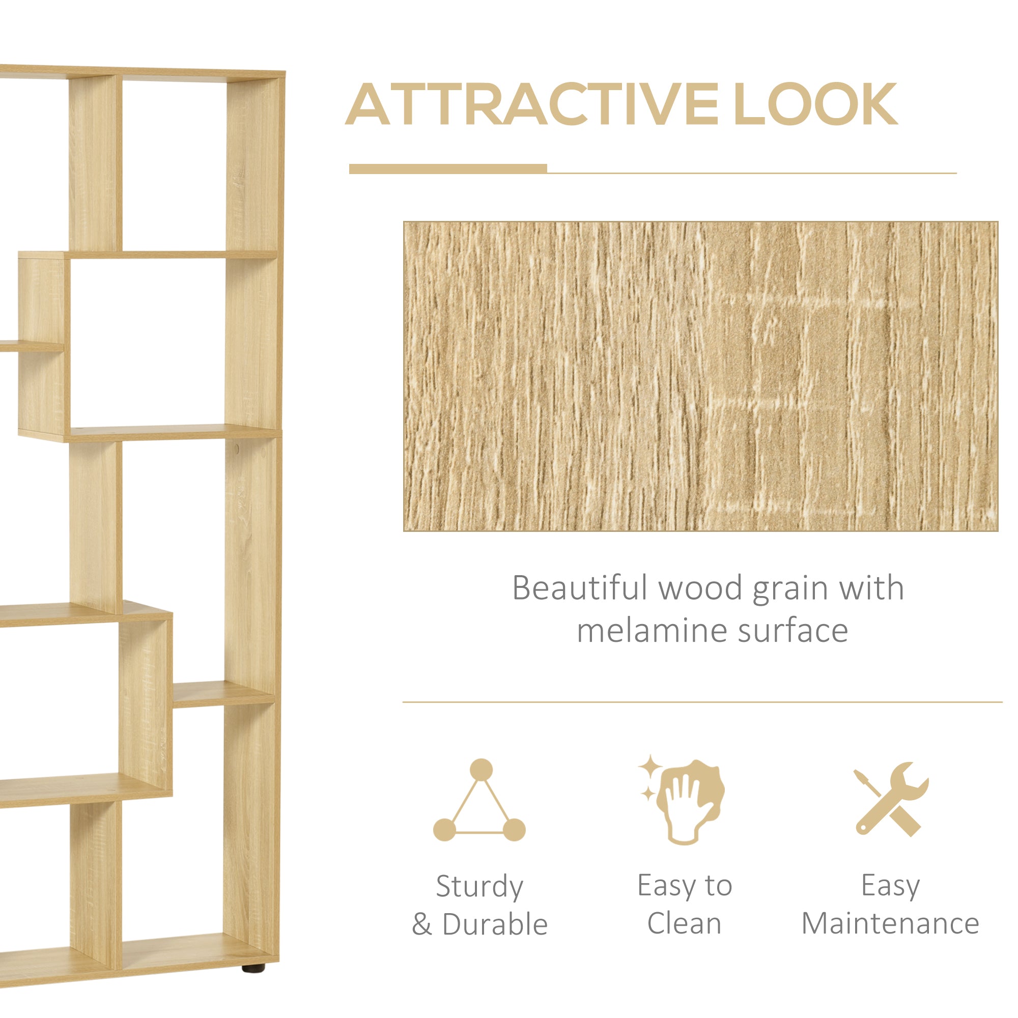 Kozy Bookshelf, Tall Bookcase, Modern Room Divider, 8 Cube Storage Unit, Freestanding Storage Shelf for Living Room, Bedroom, Home Office, 70 x 24 x 178 cm, Natural