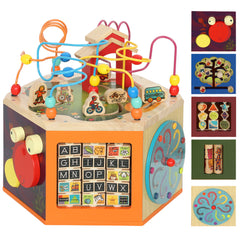Kozy 8 in 1 Wooden Activity Cube with Bead Maze, Shape Sorter, for Kids Boys Girls 18+ Months
