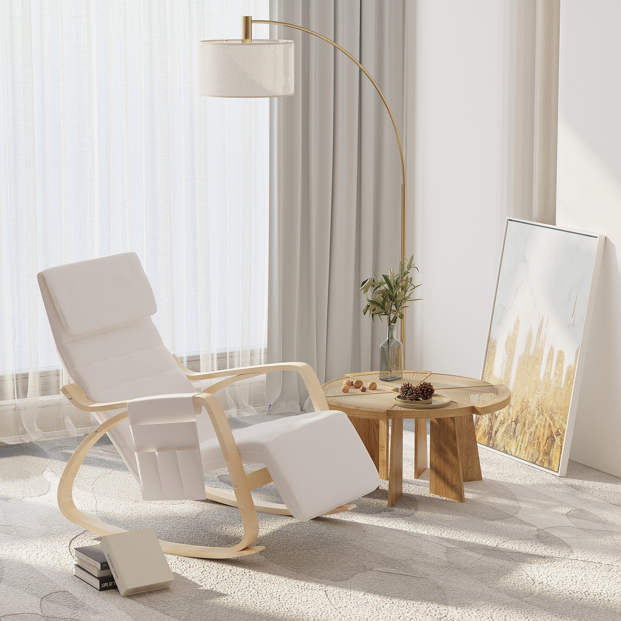 HOMCOM Rocking Lounge Chair Recliner Relaxation Lounging Relaxing Seat with Adjustable Footrest, Side Pocket and Pillow, Cream White | Aosom UK