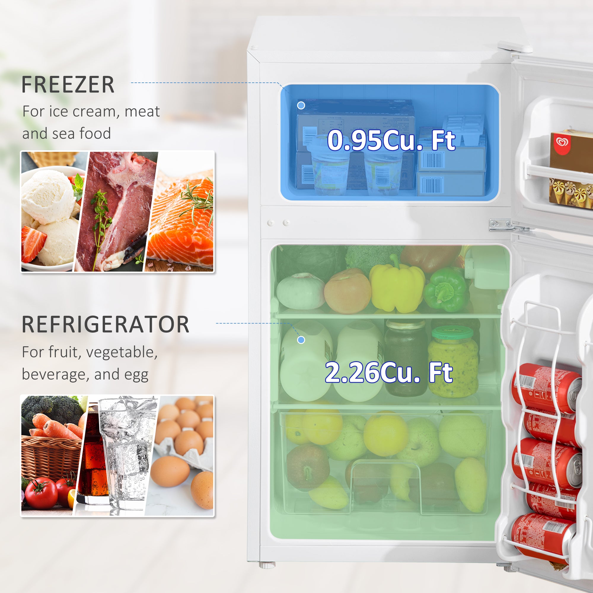 Kozy - 88L Under Counter Fridge Freezer, Small Refrigerator with 5-Setting, 3 Star Freezer Rating, White