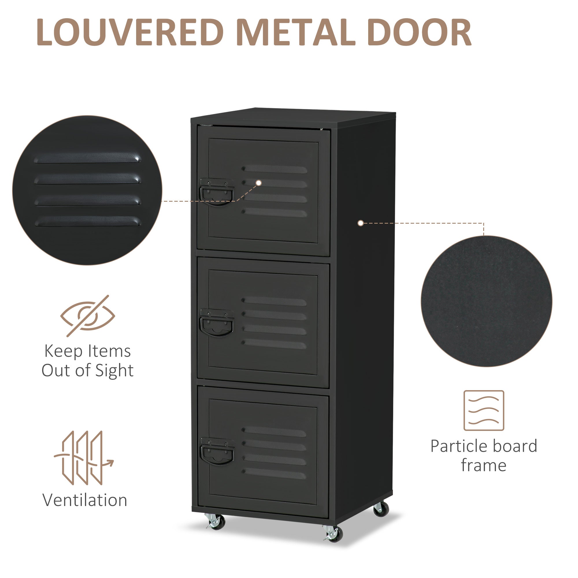 Kozy Rolling Storage Cabinet 3-Tier Mobile File Cabinet with Wheels & Metal Doors for Home Office, Living Room, Black