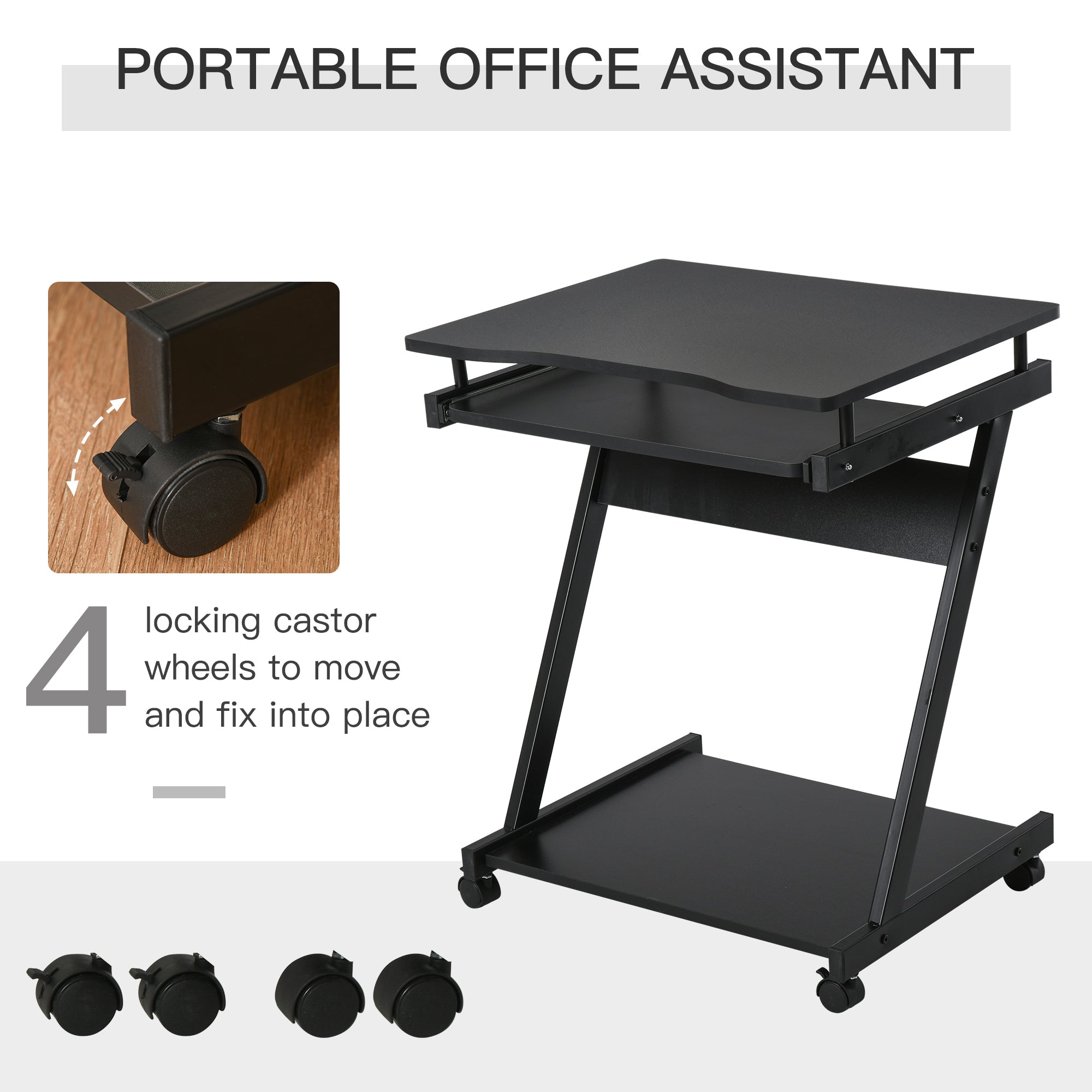 HOMCOM Movable Compact Small Computer Desk with 4 Moving Wheels Sliding Keyboard Tray Home Office Gaming Study Workstation Black | Aosom UK