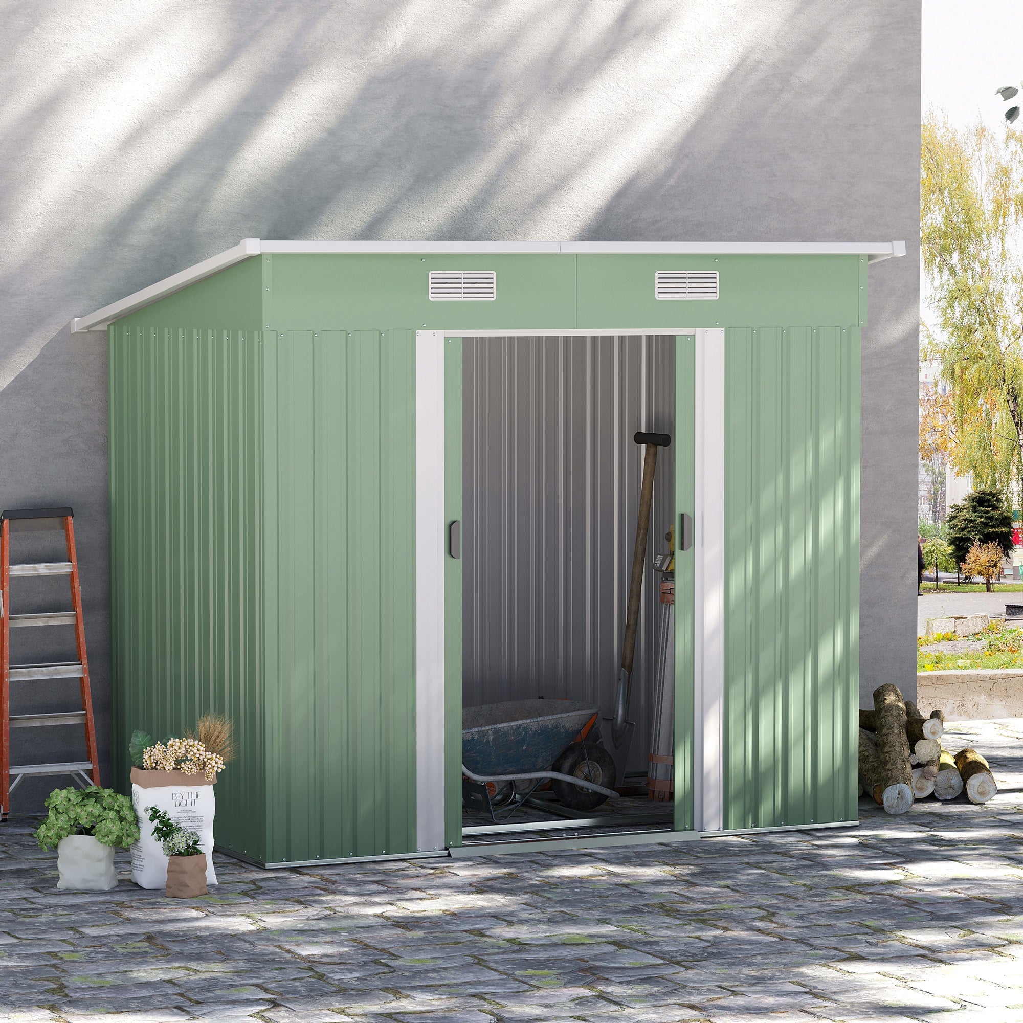 Kozy 7 x 4ft Outdoor Garden Metal Storage Shed, Tool Storage Box for Backyard, Patio and Lawn, Light Green