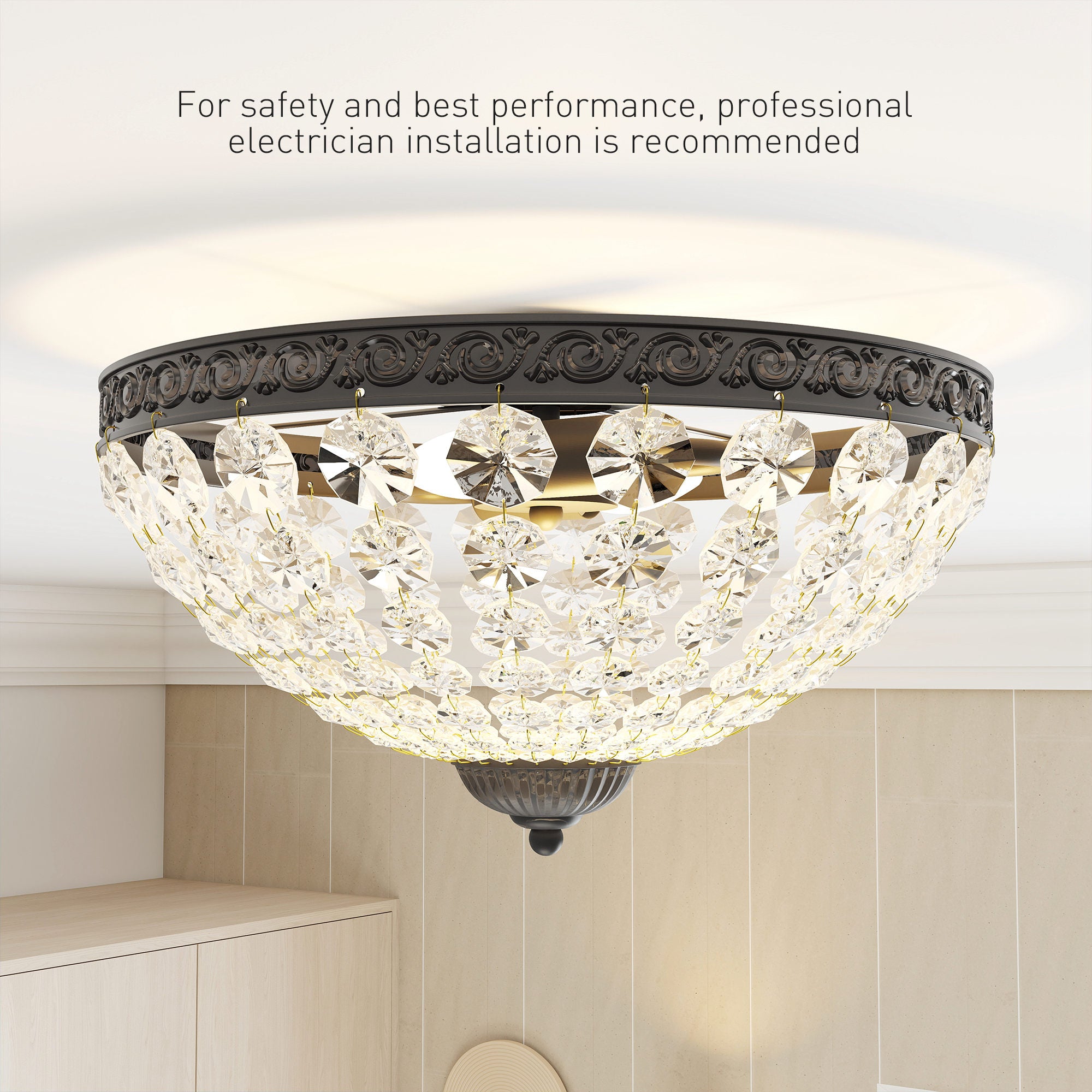 Kozy Crystal Chandelier Ceiling Light with 168 Octagonal Beads, Vintage 2-Light Flush Mount Ceiling Light for Living Room, Bedroom, Hallway, Dining Room, Gold Tone