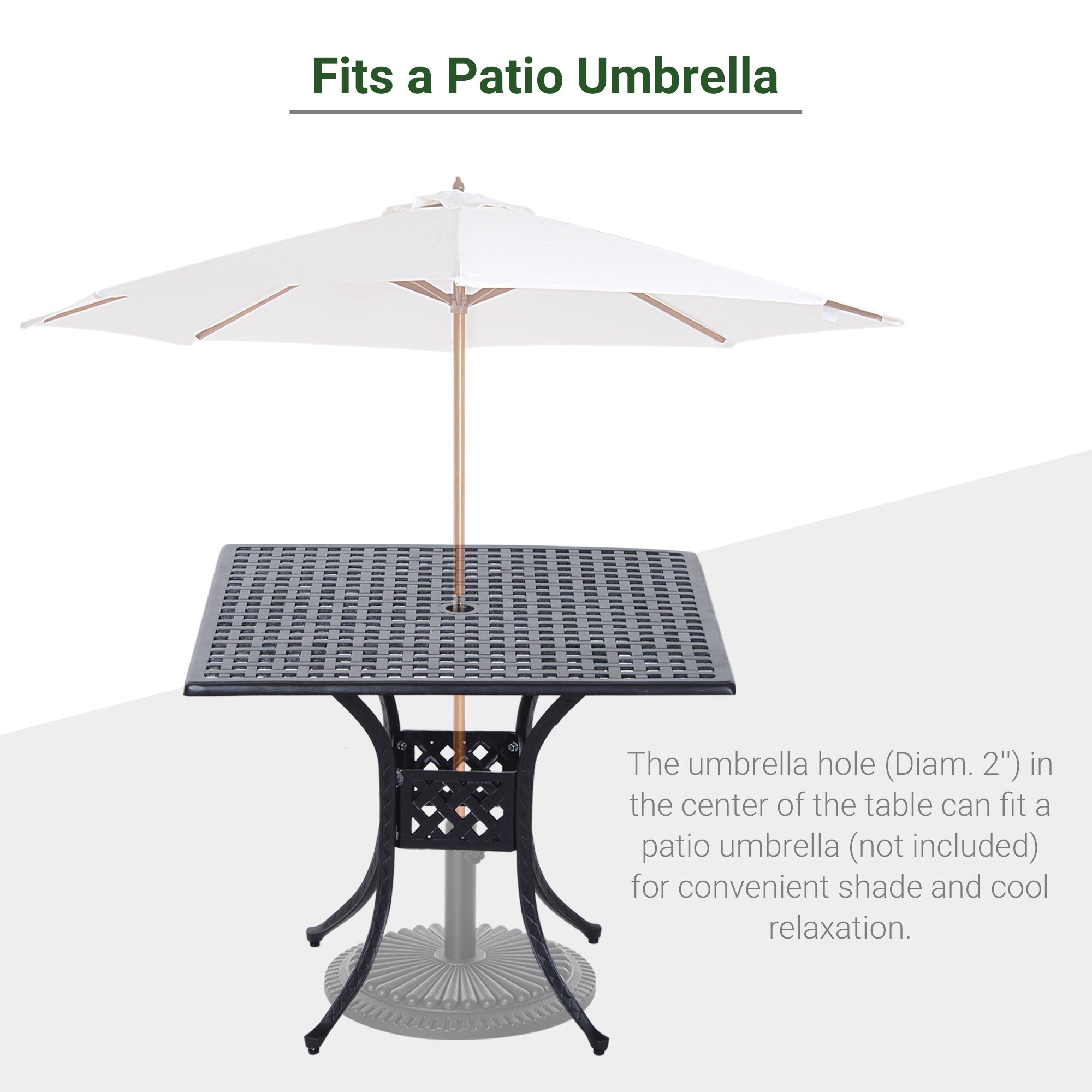 Kozy 90cm Square Garden Table with Umbrella Hole, Aluminium Grid Motif Outdoor Dining Table for Garden Patio, Black