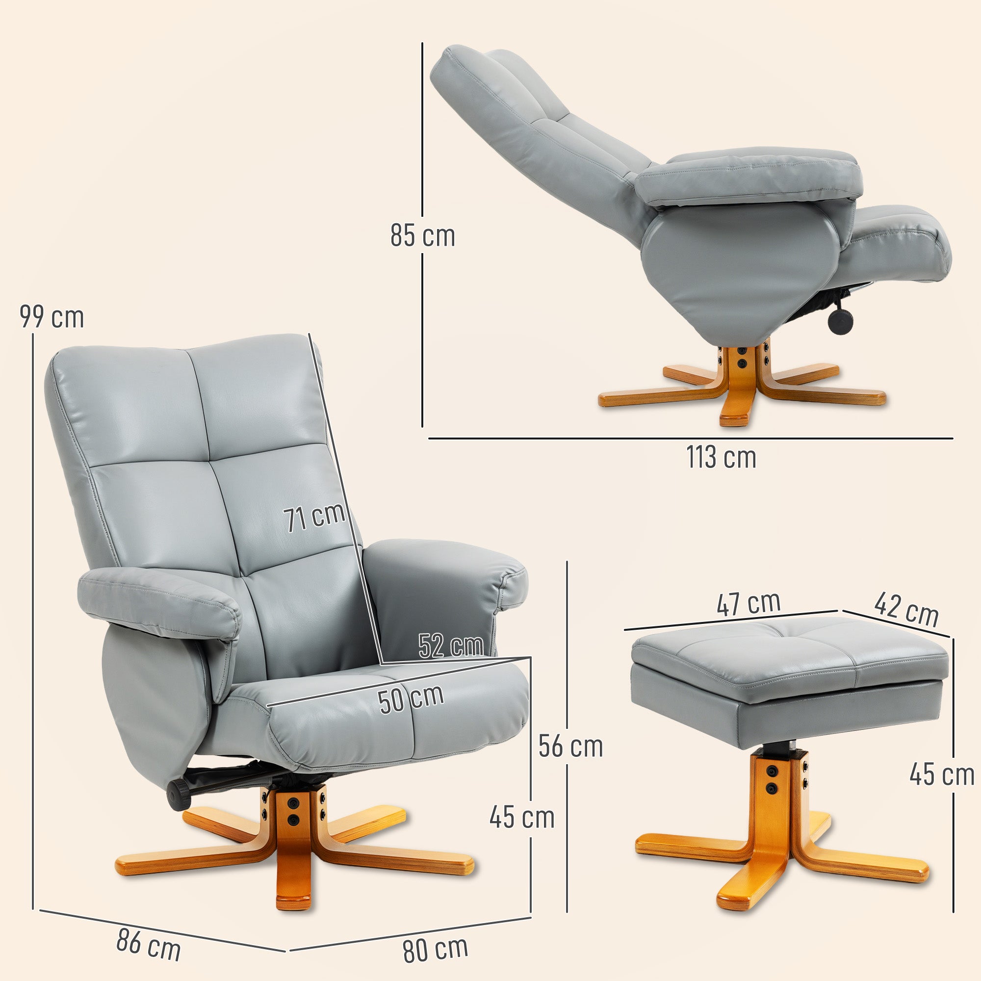 Kozy - PU Leather Swivel Recliner Chair with Footstool, Wooden Base and Storage for Living Room, Light Grey