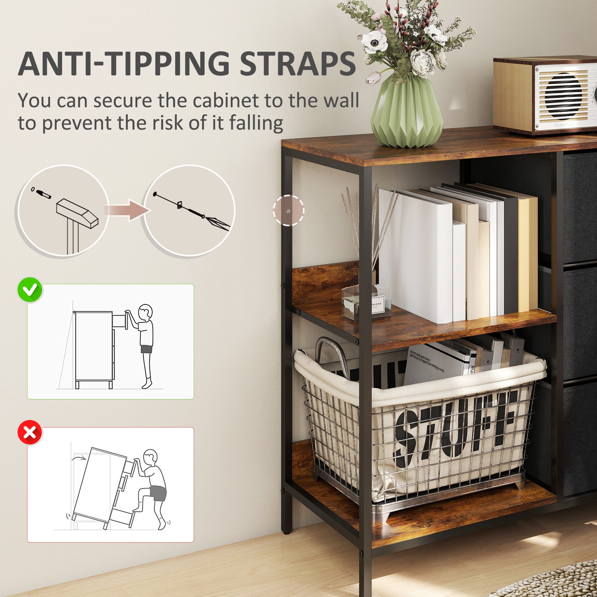 Kozy Chest of Drawers Storage  Dresser Cabinet Organizer with 3 Fabric Drawers and 2 Display Shelves for Living Room, Bedroom, Hallway, Black