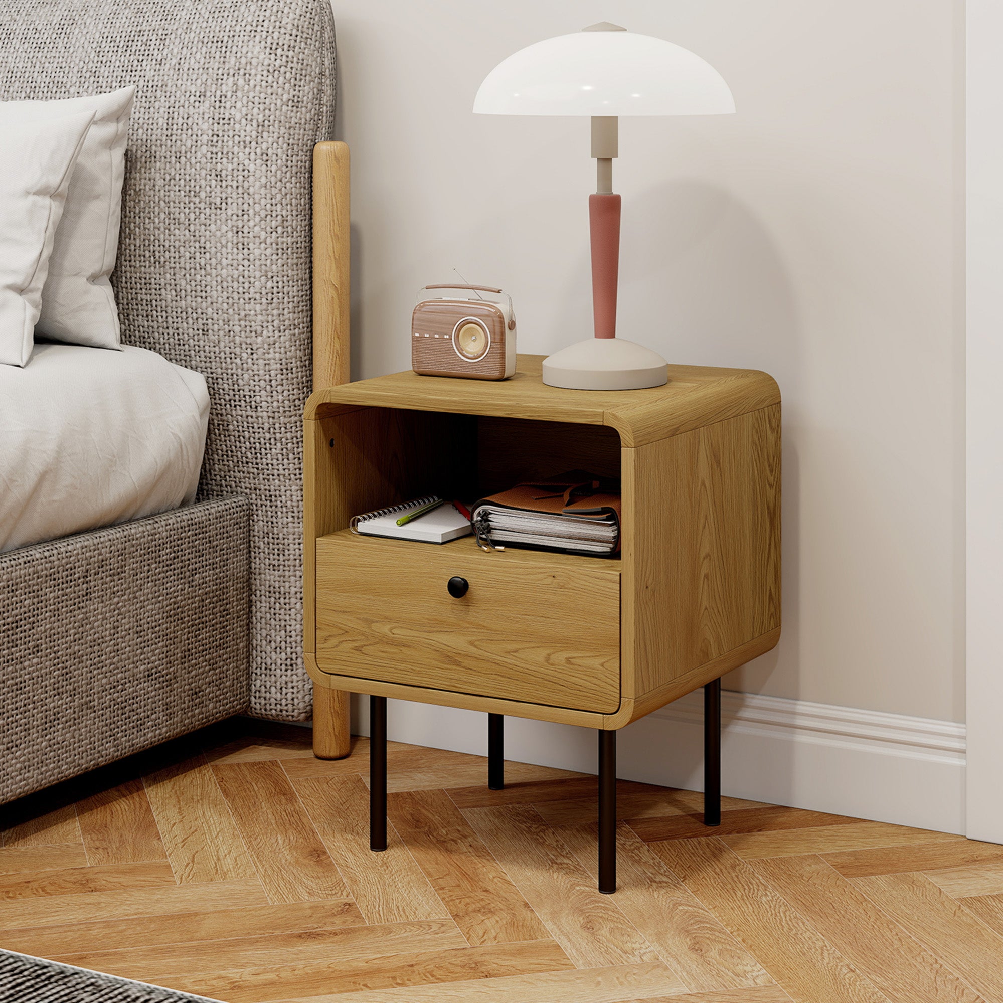 Kozy Bedside Table with Drawer and Open Shelf - Oak