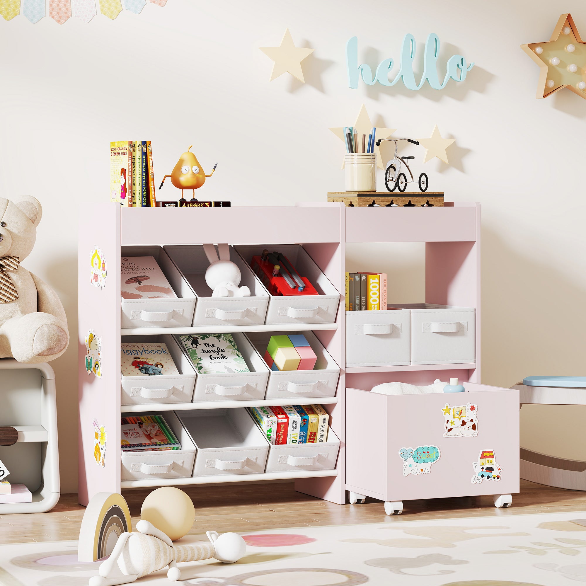 Kozy Kids Toy Storage Unit with 11 Bins, Cabinet, Top Shelves, 3 Stickers, for Nursery, Playroom, Pink