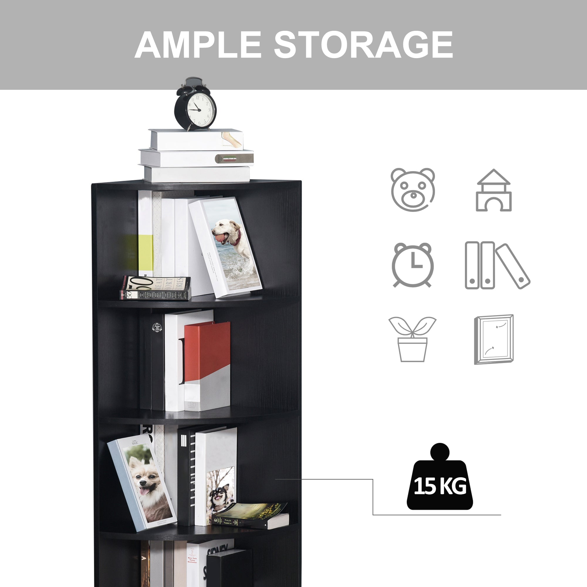 Kozy 4-Tier Corner Open Shelf Bookcase Freestanding Fan Bookshelf Plants Stand, 40x40x120cm, Black