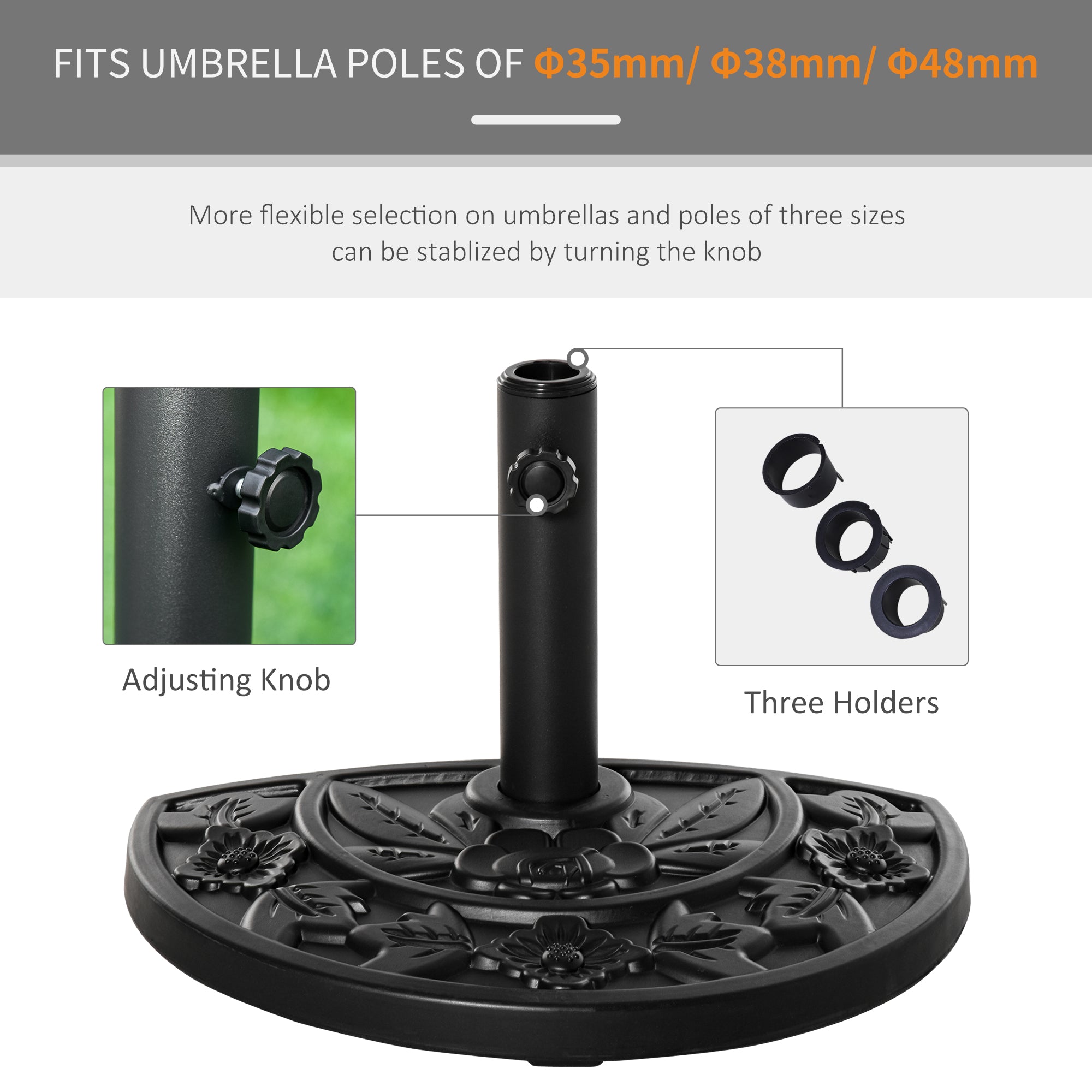 Kozy 9kg Cement Concrete Half Round Parasol Base Umbrella Stand Garden Outdoor Accessories - Adjustable Coupler Suitable Umbrella Rod: 3.5cm, 3.8cm, 4.8cm