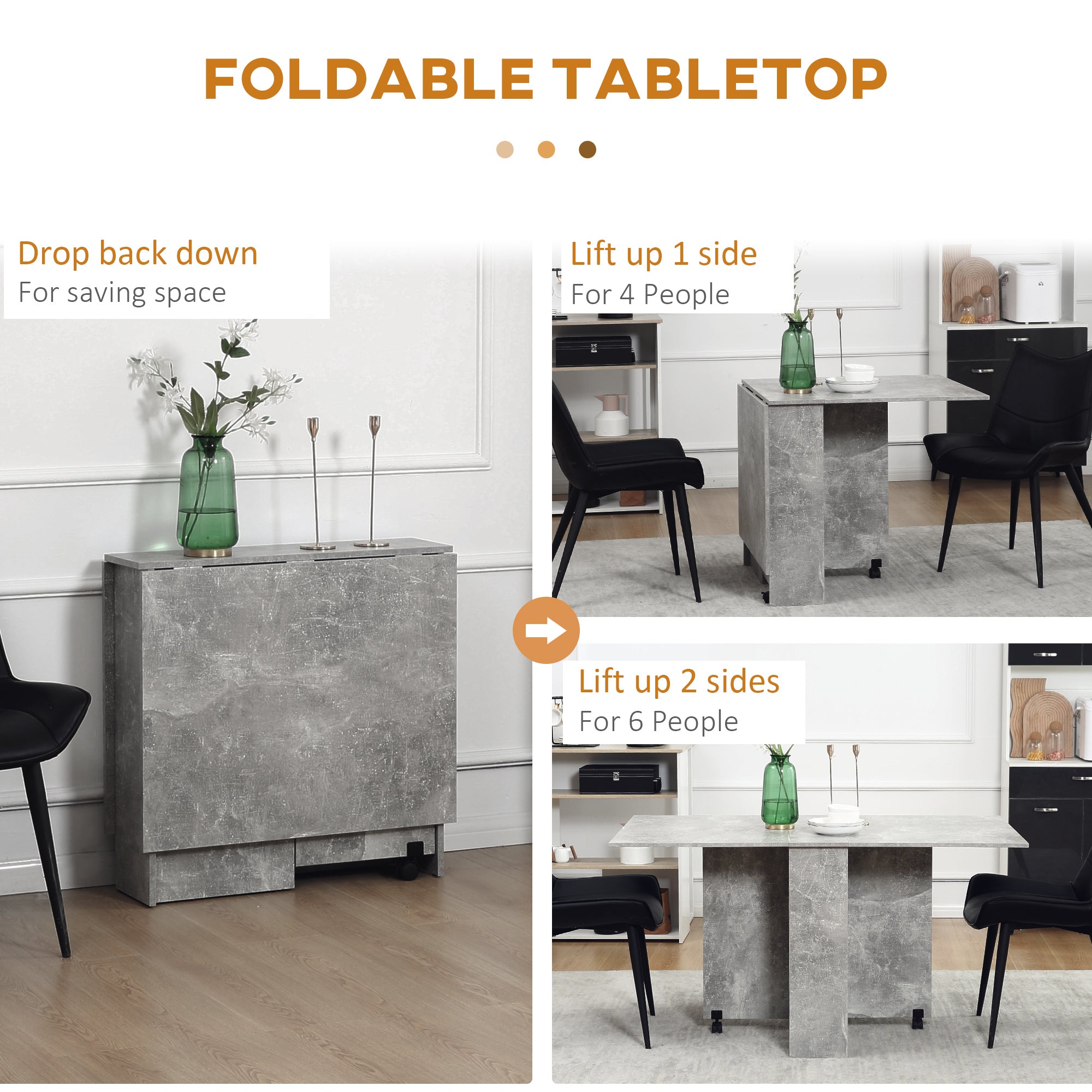 Kozy Folding Dining Table, Drop Leaf Table with 2-Tier Shelves, Rolling Casters, for Small Spaces, Kitchen, Cement Grey