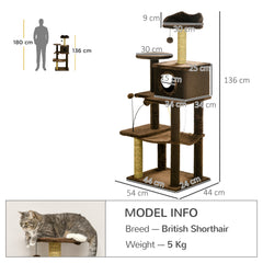 PawHut 136cm Cat Tree for Indoor Cats, Modern Cat Tower with Scratching Posts, house, Platforms, Toy Ball - Brown | Aosom UK