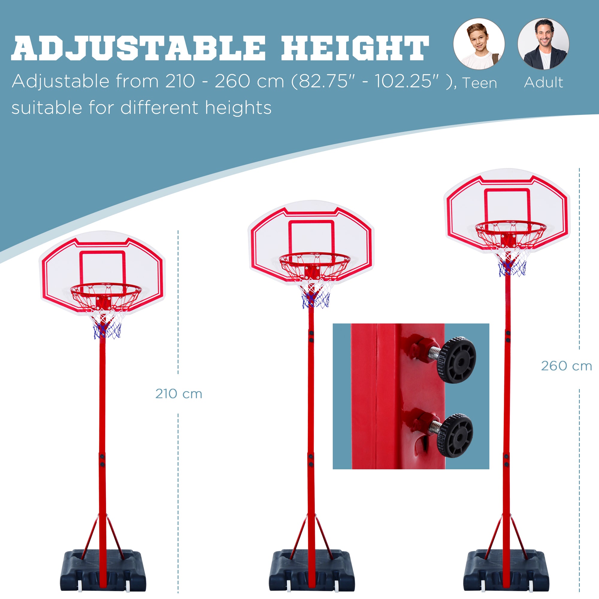 HOMCOM Steel Basketball Stand Height Adjustable Hoop Backboard Red