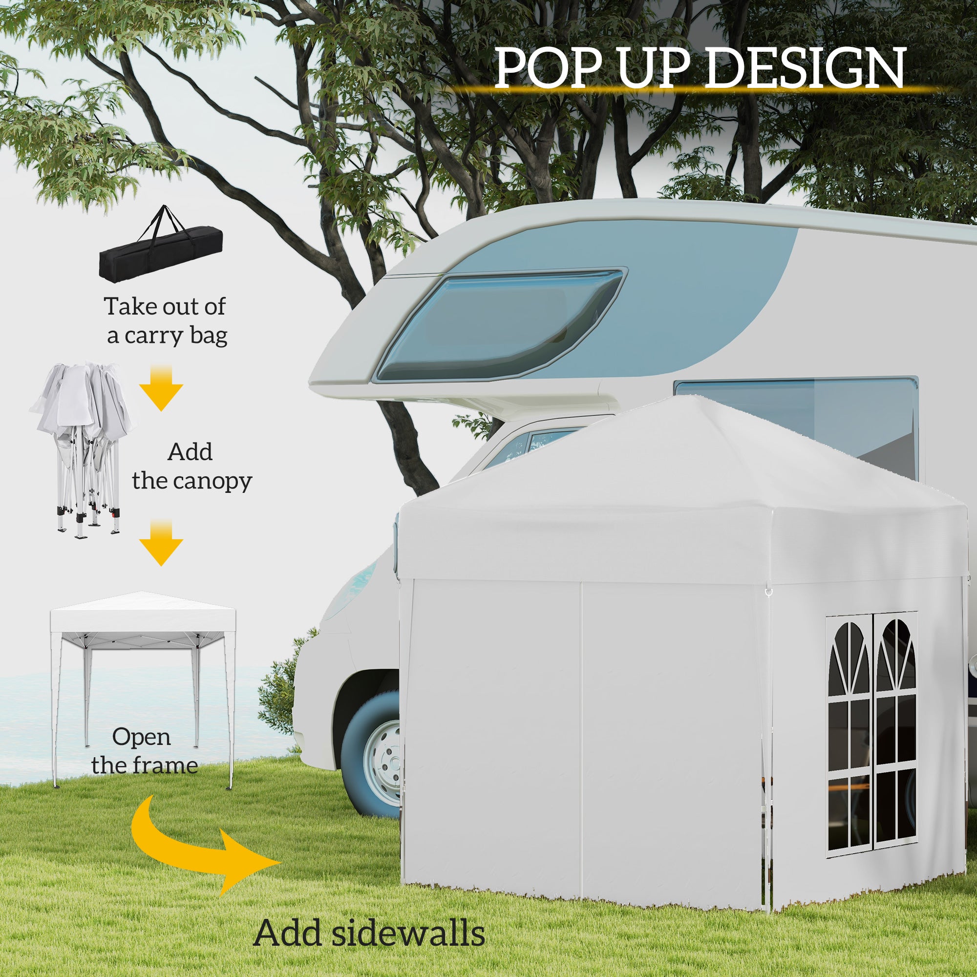 Kozy 2 x 2 m Garden Pop Up Gazebo, Wedding Party Tent Marquee, Water Resistant Awning Canopy with Sidewalls, Windows, Carry Bag, White