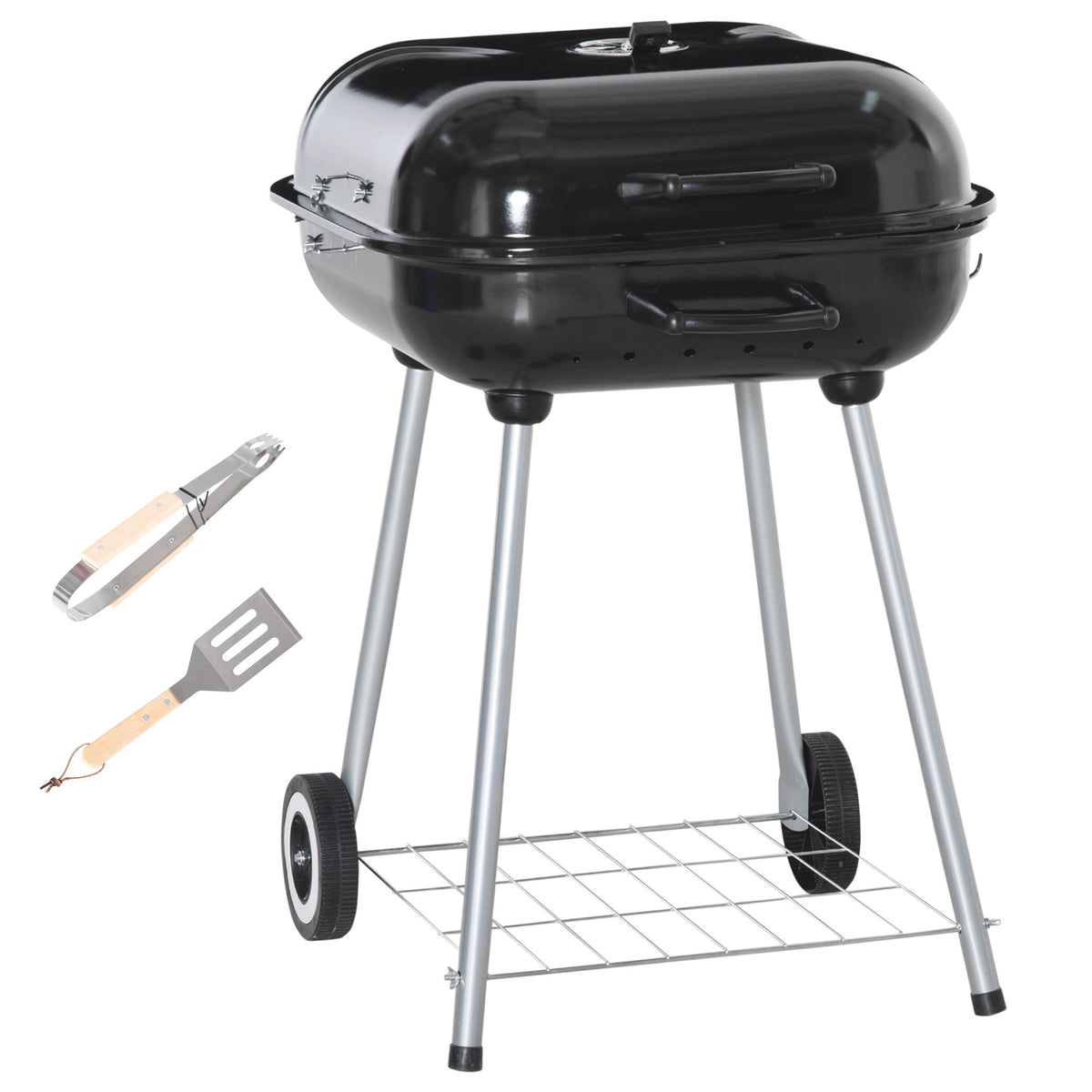 Kozy Portable BBQ Charcoal Grill with 2 Wheels and Cooking Utensils, Smoker Grill with Lid for Outdoor Barbecues, Camping, Picnic, Courtyard
