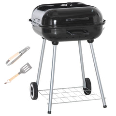 Kozy Portable BBQ Charcoal Grill with 2 Wheels and Cooking Utensils, Smoker Grill with Lid for Outdoor Barbecues, Camping, Picnic, Courtyard