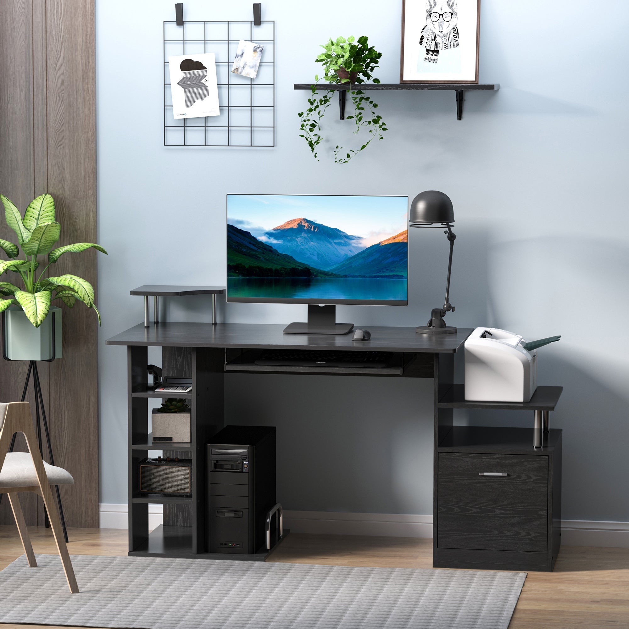 HOMCOM Computer Desk PC Workstation with Drawer Shelves CPU Storage Rack Home Office Furniture (BLACK) | Aosom UK