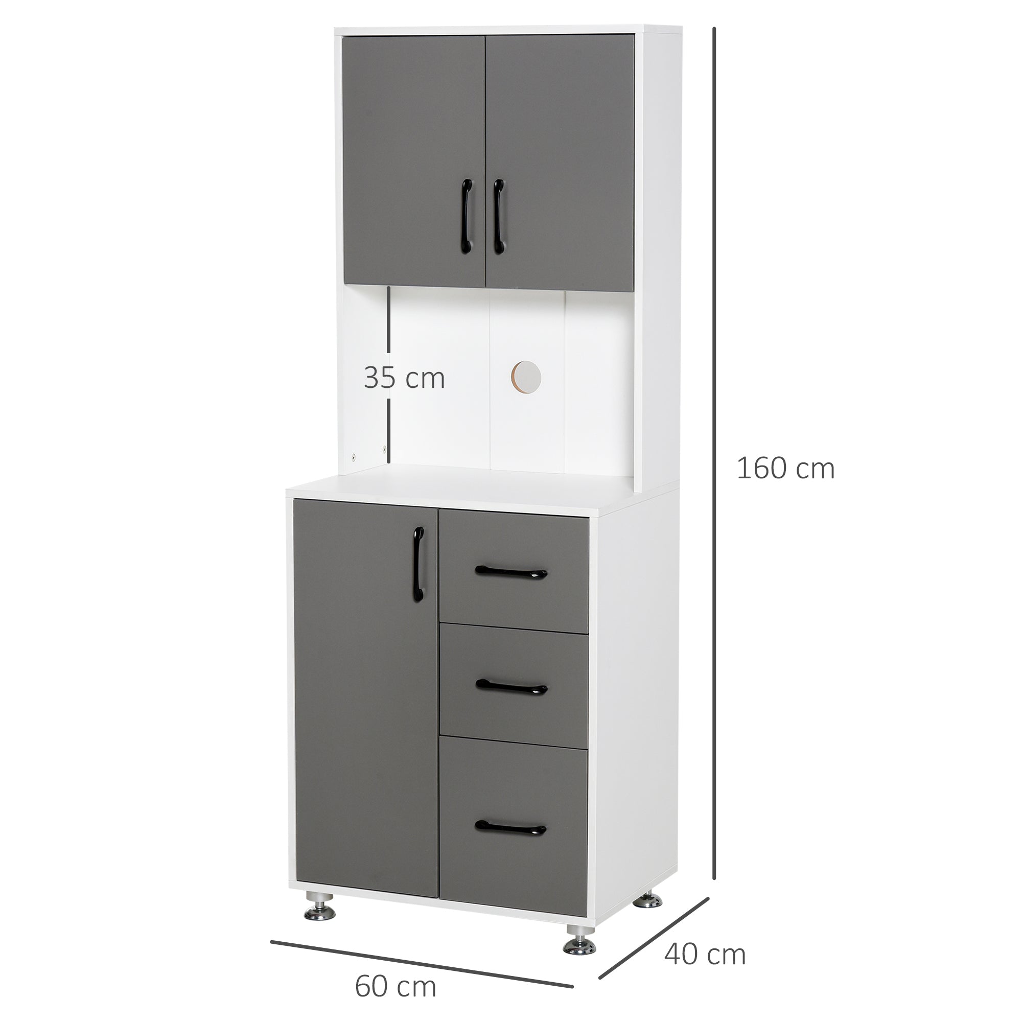 Kozy Modern Kitchen Cupboard with Storage Cabinets, 3 Drawers and Open Countertop for Living Room, Grey
