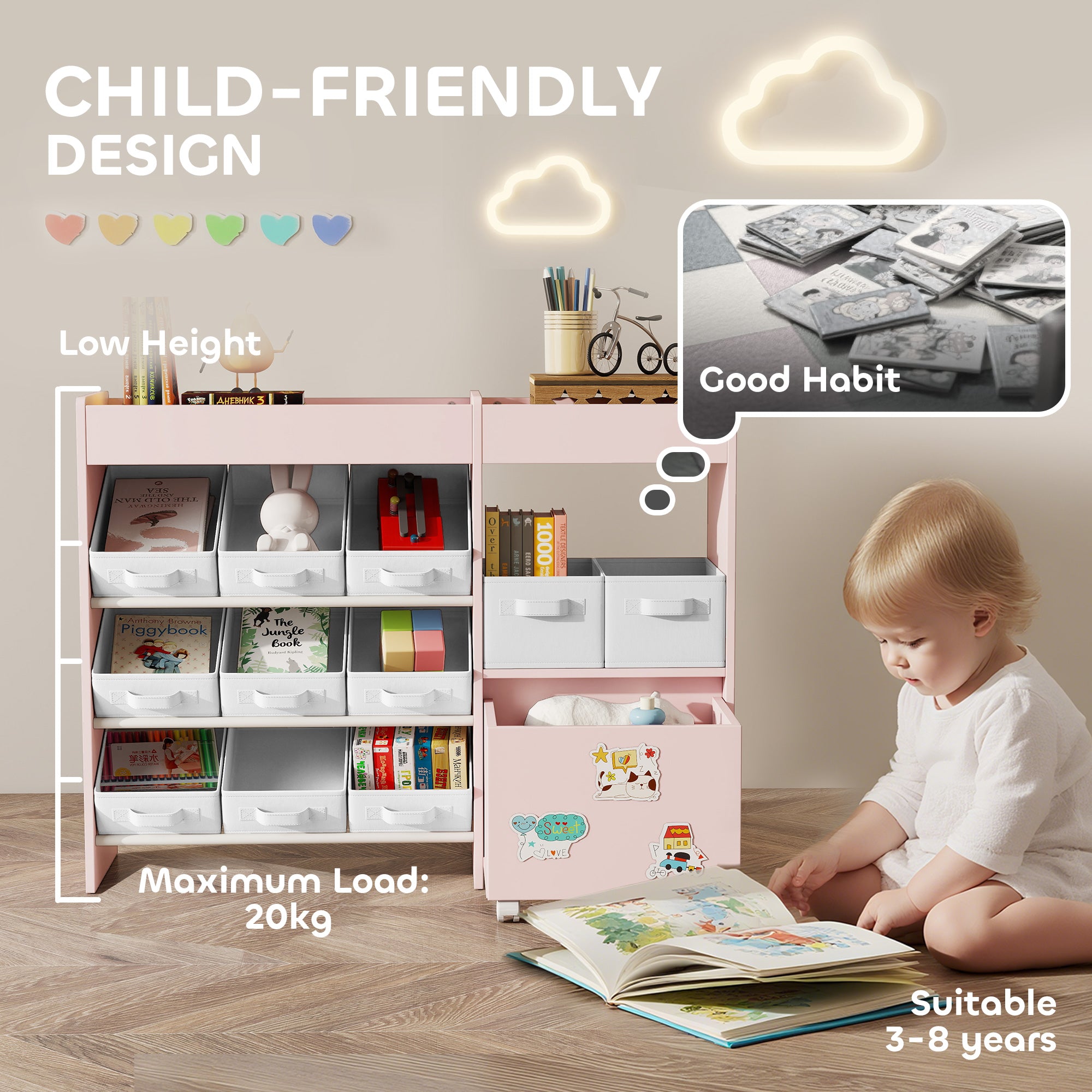 Kozy Kids Toy Storage Unit with 11 Bins, Cabinet, Top Shelves, 3 Stickers, for Nursery, Playroom, Pink