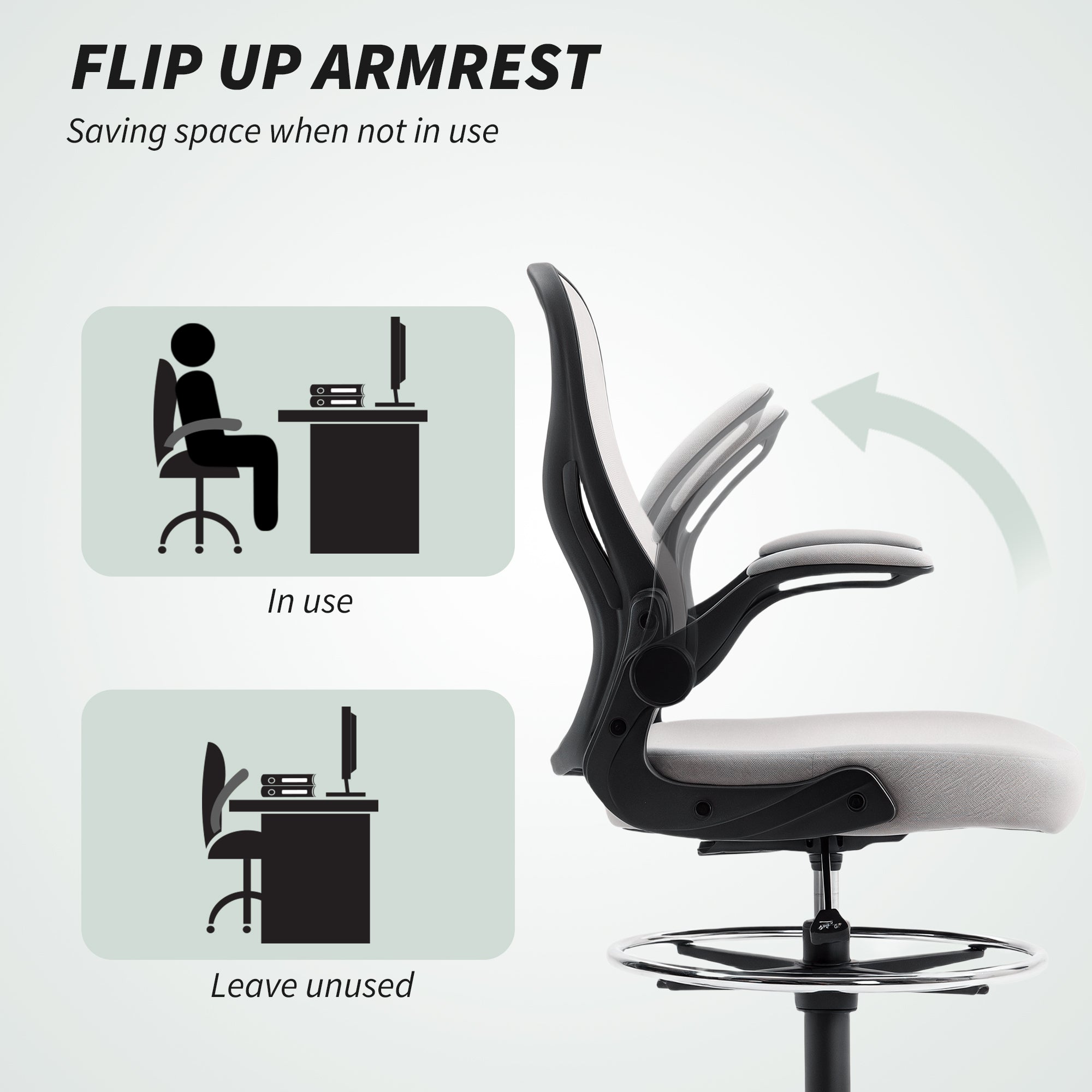 Kozy - Adjustable Mesh Standing Desk Chair with Flip-up Armrests Lumbar Support Armrests Adjustable Footrest Ring Grey