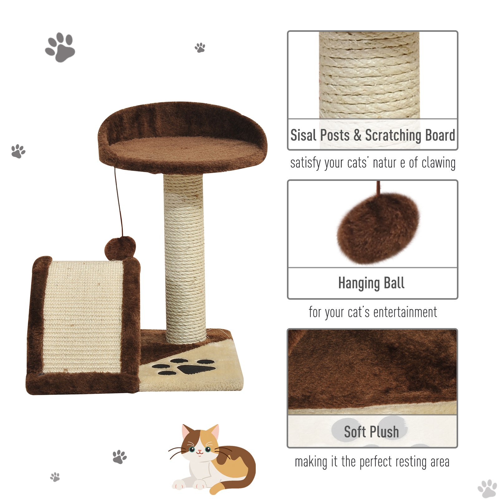 PawHut Cat Scratching Post, Indoor Activity Centre, Kitten Climber with Scratcher, Hanging Ball, Brown