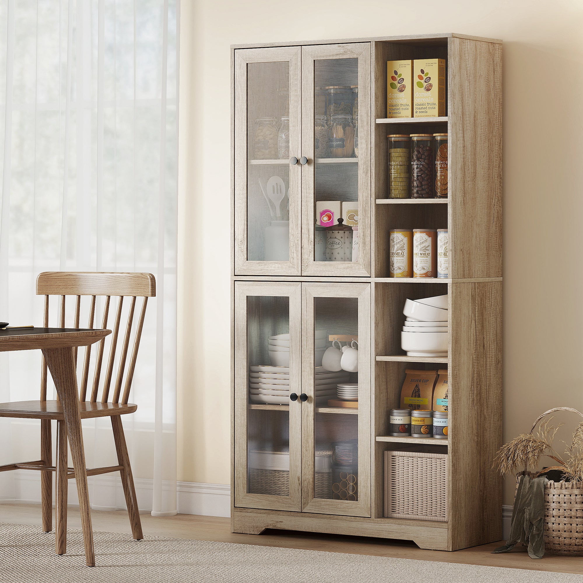 Kozy Multi-Storage Kitchen Cabinet, with Glass Doors - Grey Wood-Effect