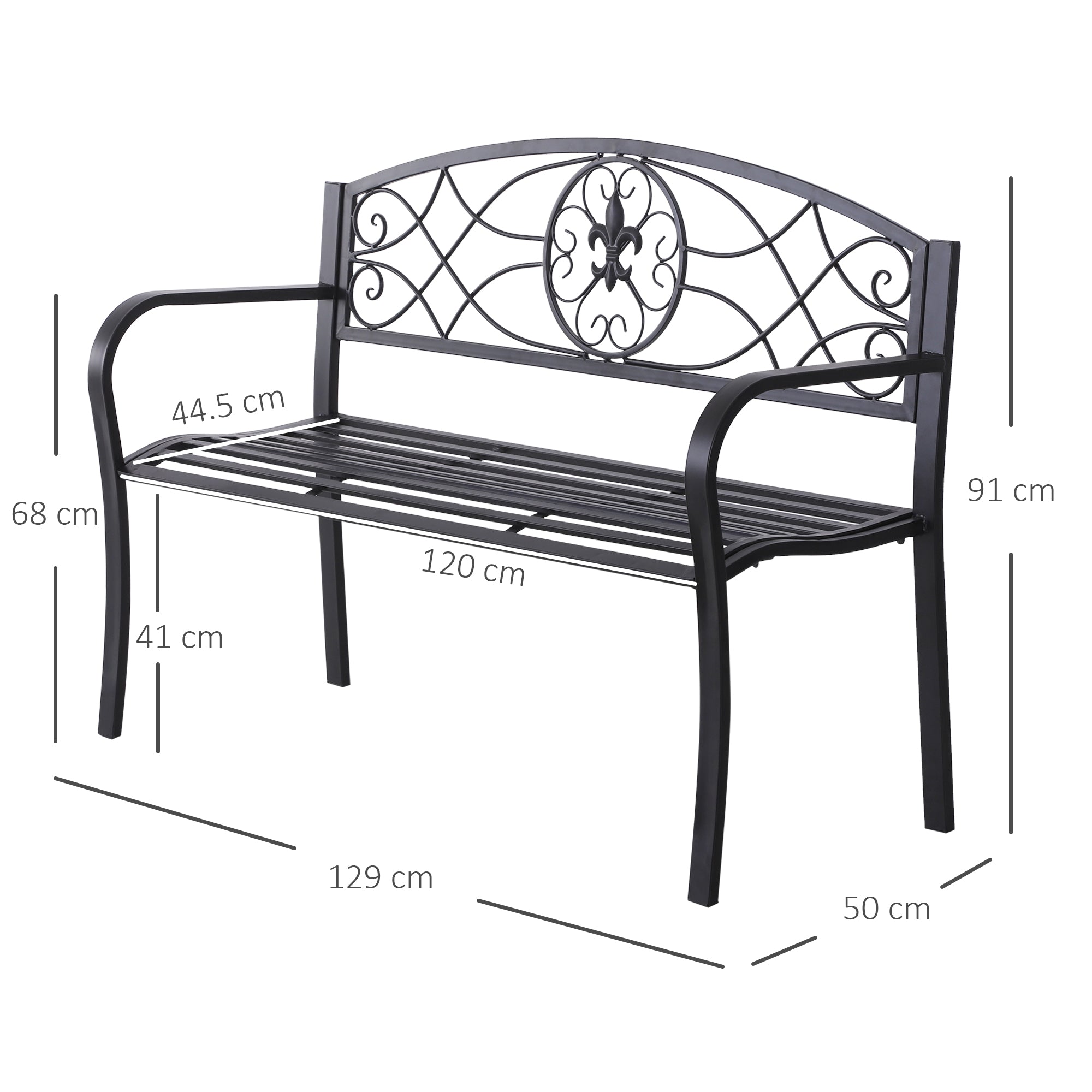 Outsunny 2 Seater Outdoor Patio Metal Garden Bench Yard Furniture Porch  Park Chair Loveseat Black 129L x 91H x 50W cm