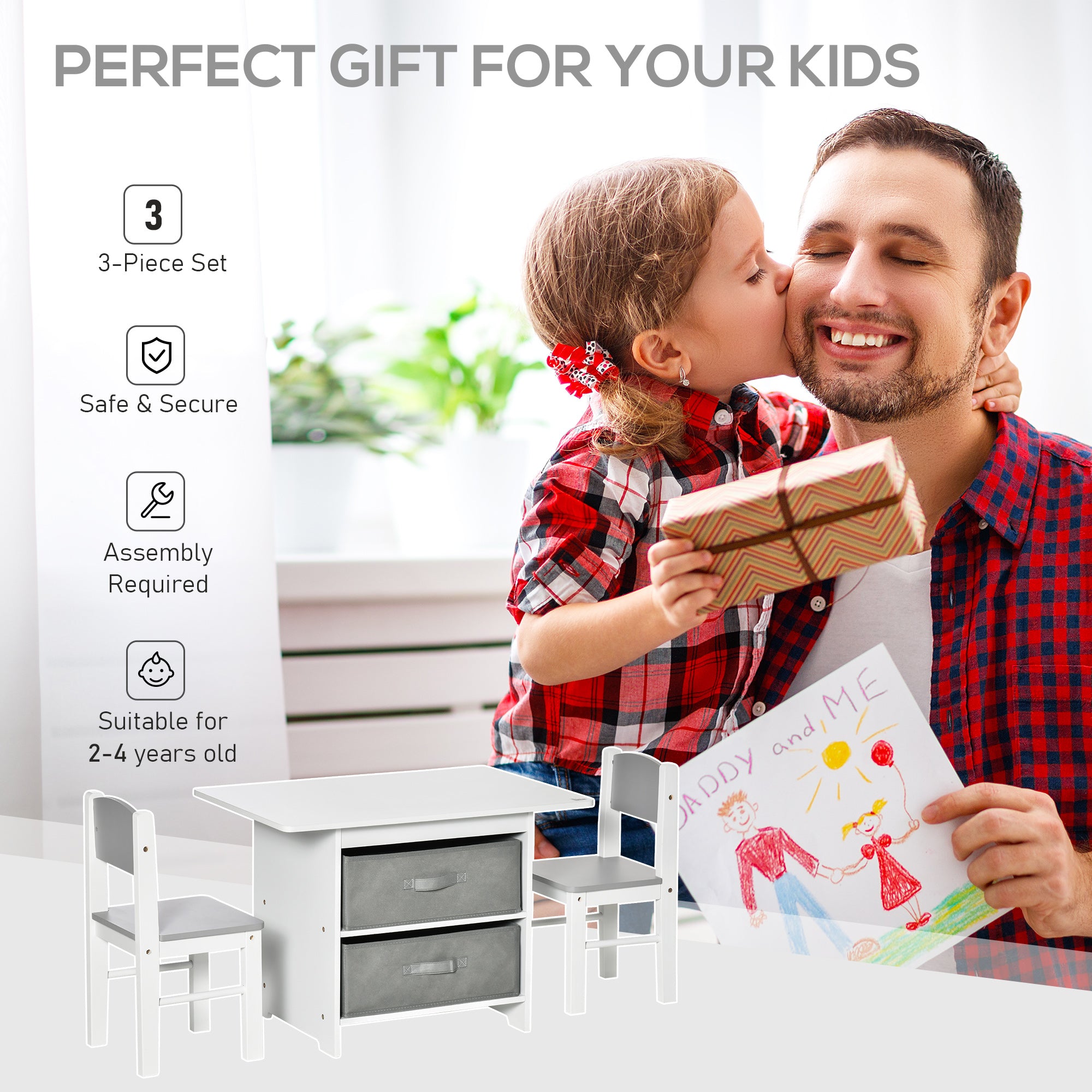 Kozy 3 Pcs Kids Table & Chairs Set Mini Seating Furniture Home Playroom Bedroom Dining Room w/ Storage Drawers Safe Corners for 2-4 Years old White