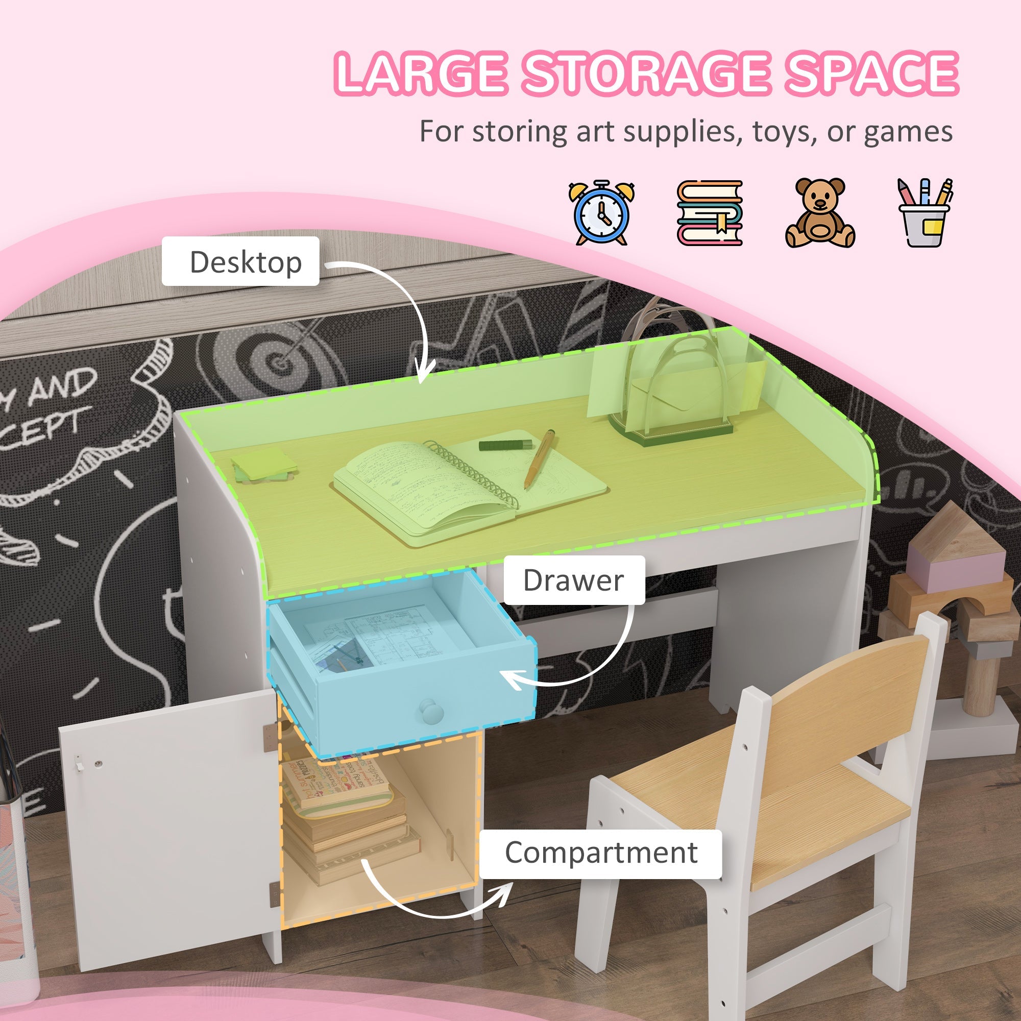 ZONEKIZ Kids Desk and Chair Set for 3-6 Year Old with Storage Drawer, Study Table and Chair for Children, White | Aosom UK