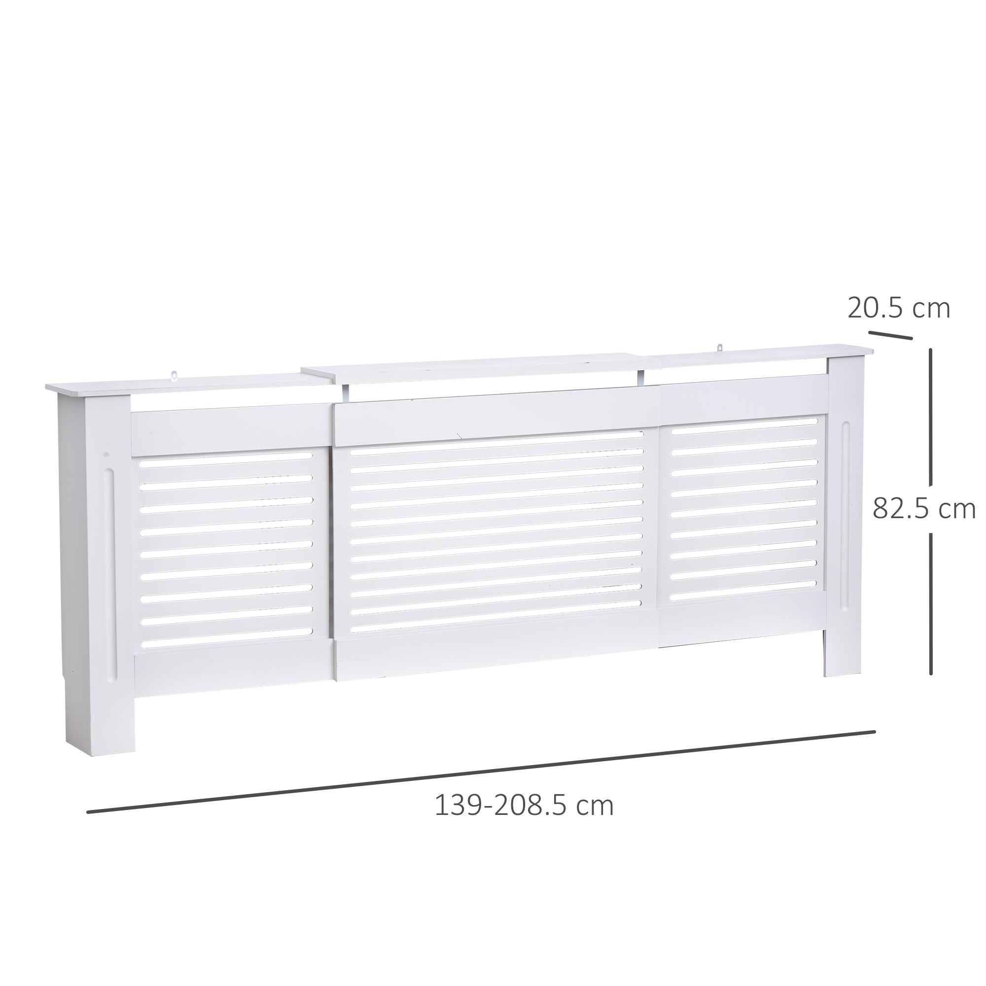 Kozy MDF Extendable Radiator Cover Cabinet Shelving Home Office Slatted Design White 139-208.5L x 20.5W x 82.5H cm