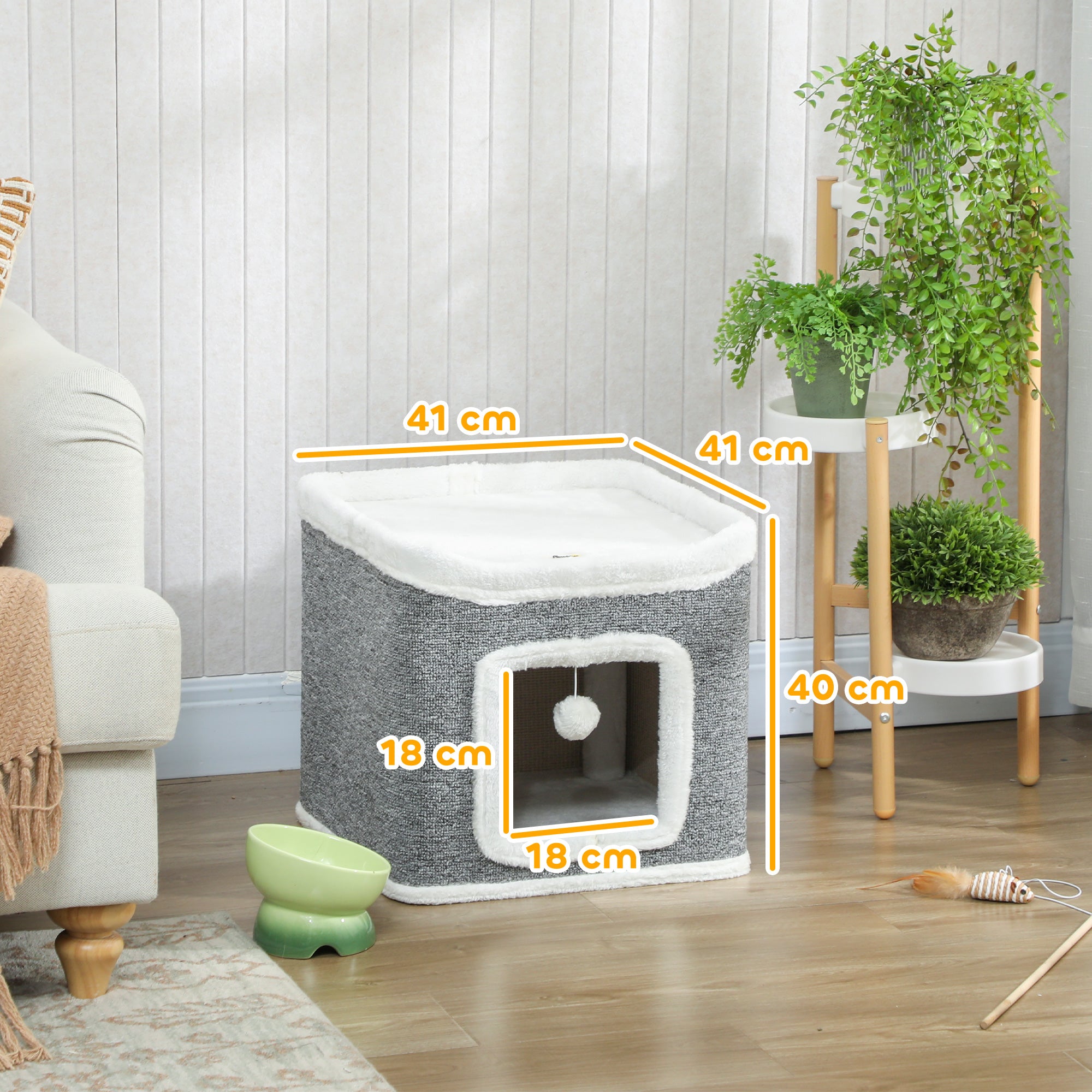 Kozy Cat House for Indoor Kittens, 2-Level Cat Cave Bed with Fluffy Balls, Top Bed, Kitten Barrel for Multi Kitties, Grey