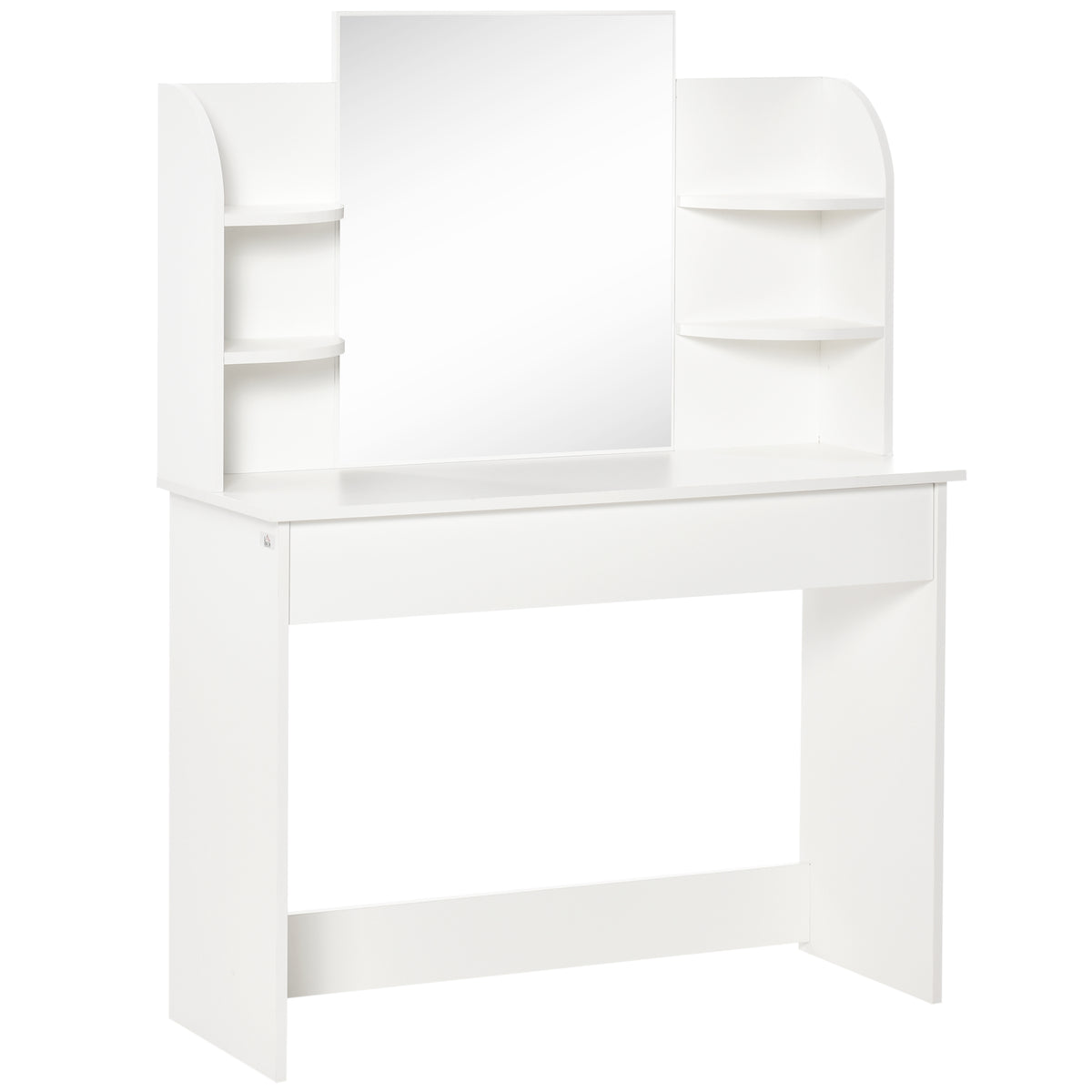 Kozy Modern Dressing Table Writing Desk W/ Mirror, Big Drawers, 2-Tier Open Shelf For Home Bedroom White