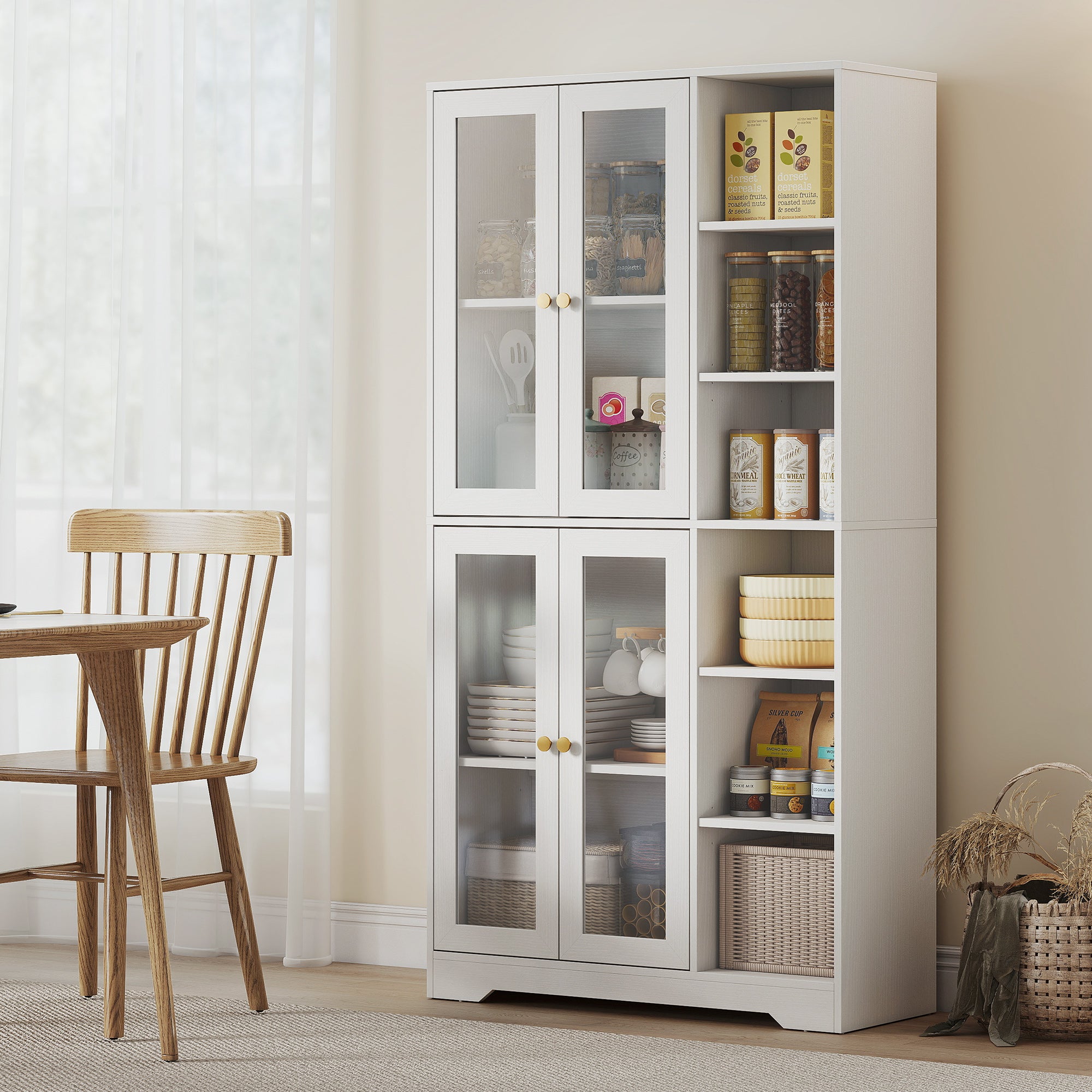 Kozy Multi-Storage Kitchen Cabinet, with Glass Doors - Grey Wood-Effect