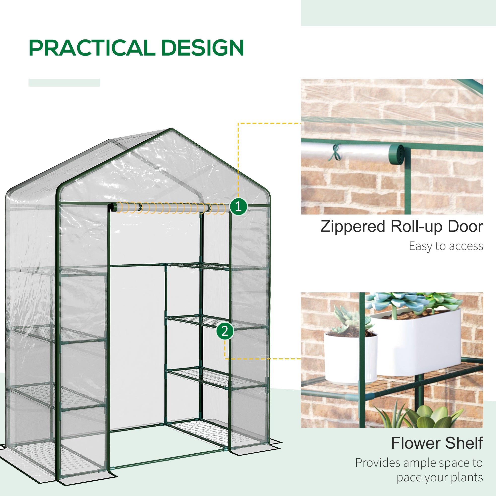 Kozy Walk in Greenhouse with 4-Tier 8 Shelves, Green House with Hemmed Cover, Roll-up Zipped Door, Steel Frame, 143 x 73 x 195cm