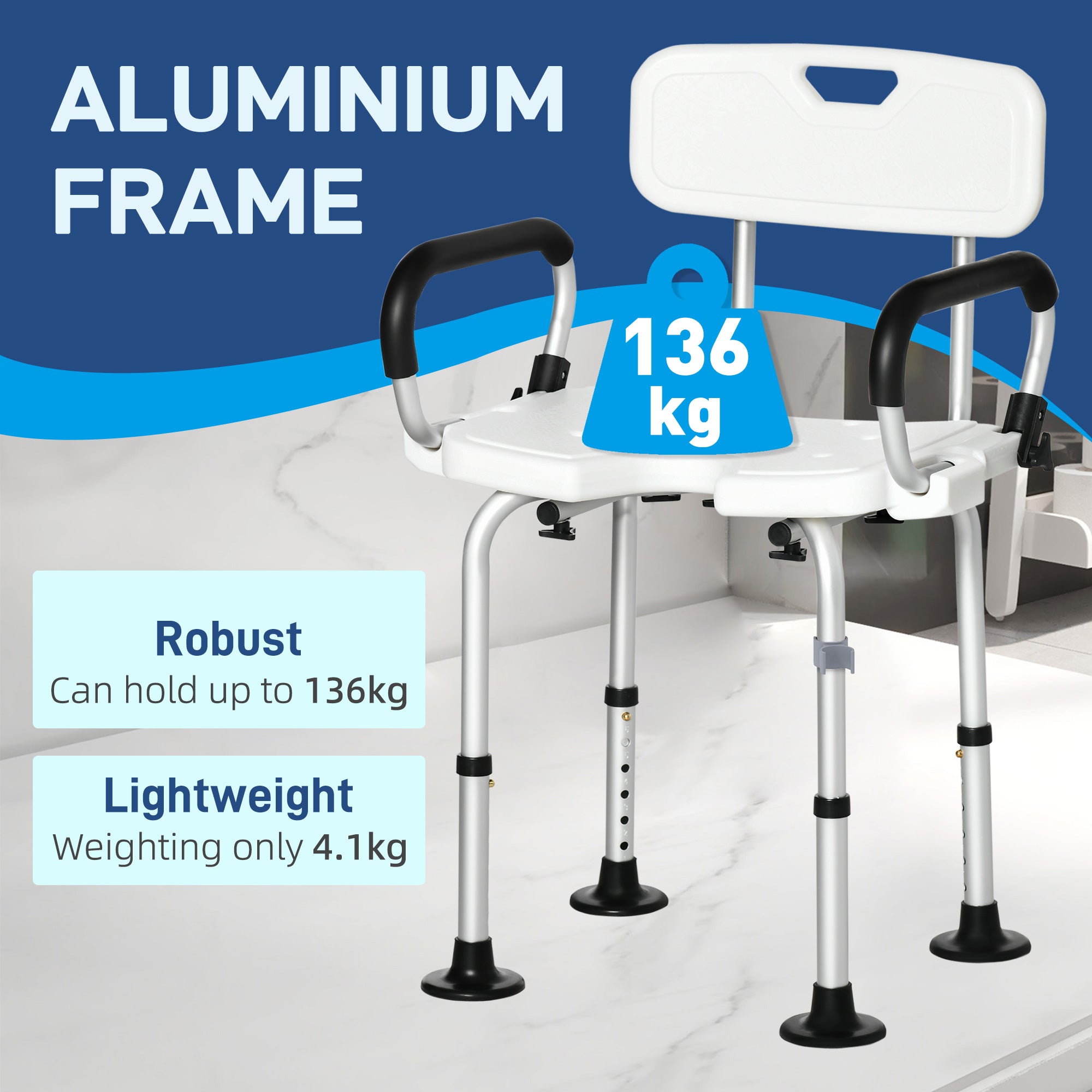 Kozy Shower Chair for the Elderly and Disabled, Height Adjustable Shower Stool with Back and Flipped Padded Arms, Suction Foot Pads, White