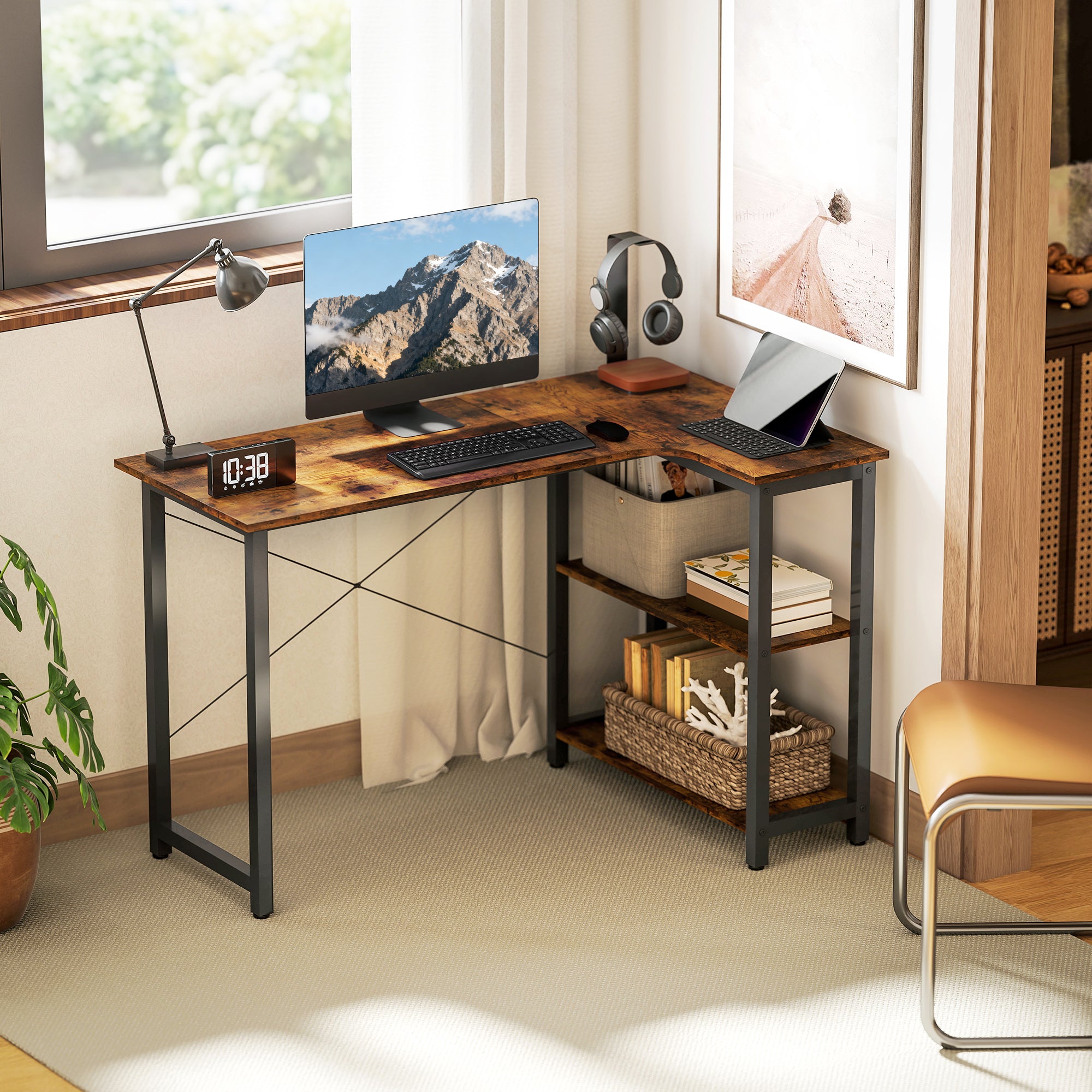 Kozy - L Shaped Desk, Corner Computer Desk with Bookshelf for Home Office, Study Room, Workstation, 120 x 73.2 x 75cm, Rustic Brown