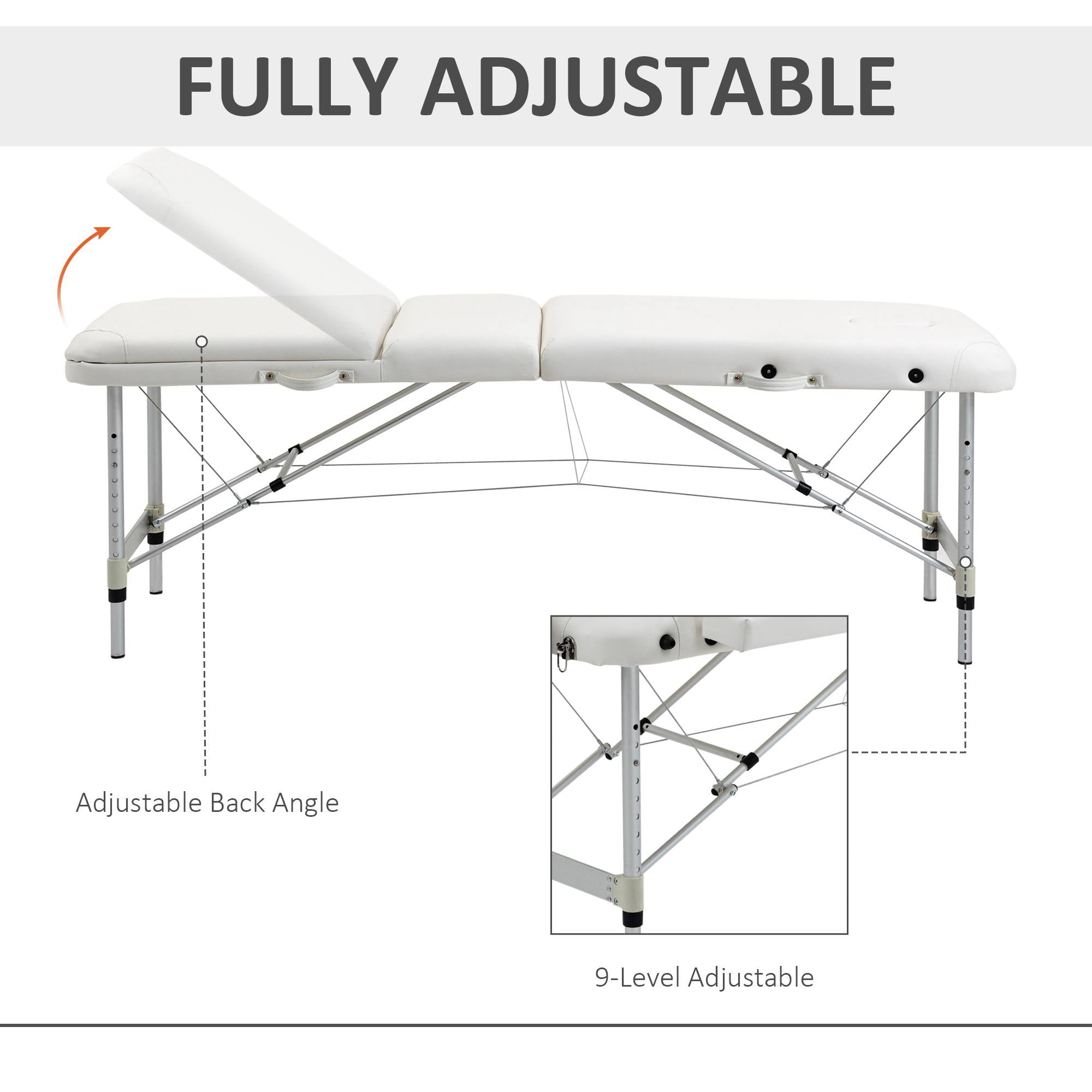 Kozy Foldable Massage Bed Portable Table, 3-Section Aluminium Foldable Beauty Couch, Professional Salon Spa Table with Headrest Support and Carry Bag, 81 cm Width, White