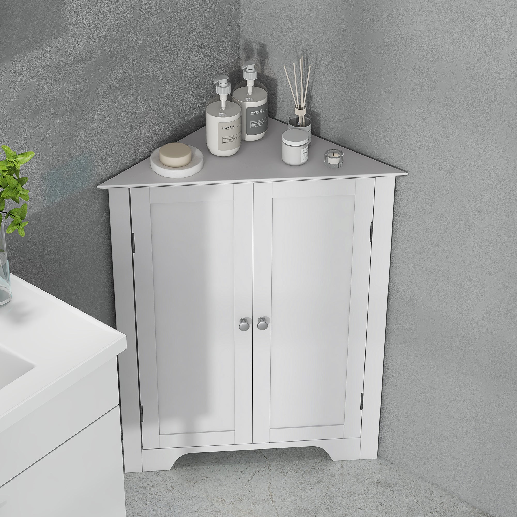 Kozy Triangle Bathroom Cabinet, Corner Bathroom Storage Unit with Adjustable Shelf and Recessed Door, Free Standing, White