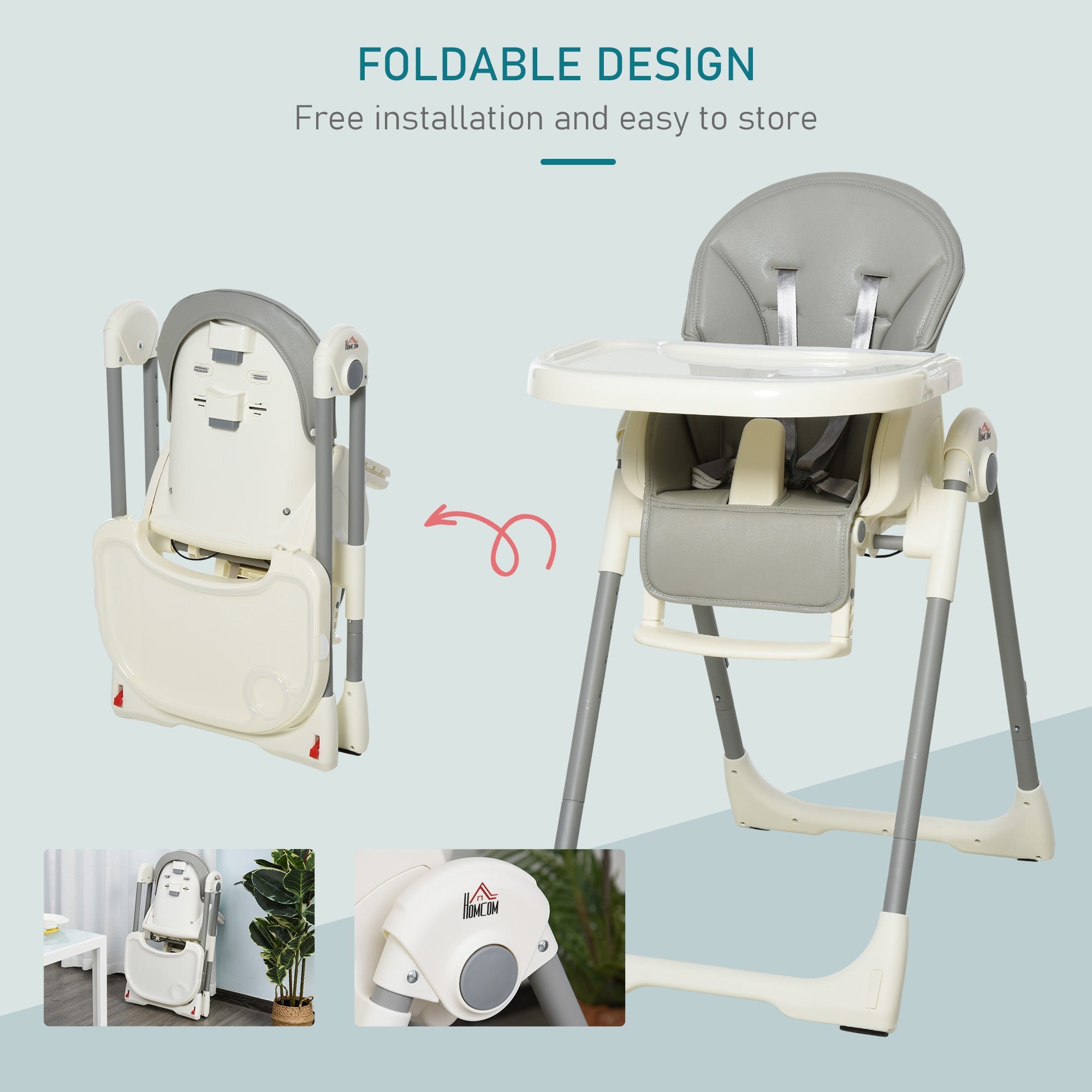 Kozy Foldable Baby High Chair Convertible Feeding Chair Height Adjustable with Adjustable Backrest Footrest and Removable Tray 5 Point Safety Harness for Kids 6 - 36 Months Grey