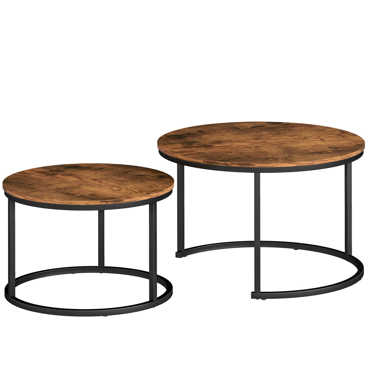 Kozy Coffee Table Set of 2, Round Nest of Tables with Metal Frame, Modern Side Tables for Living Room, Rustic Brown