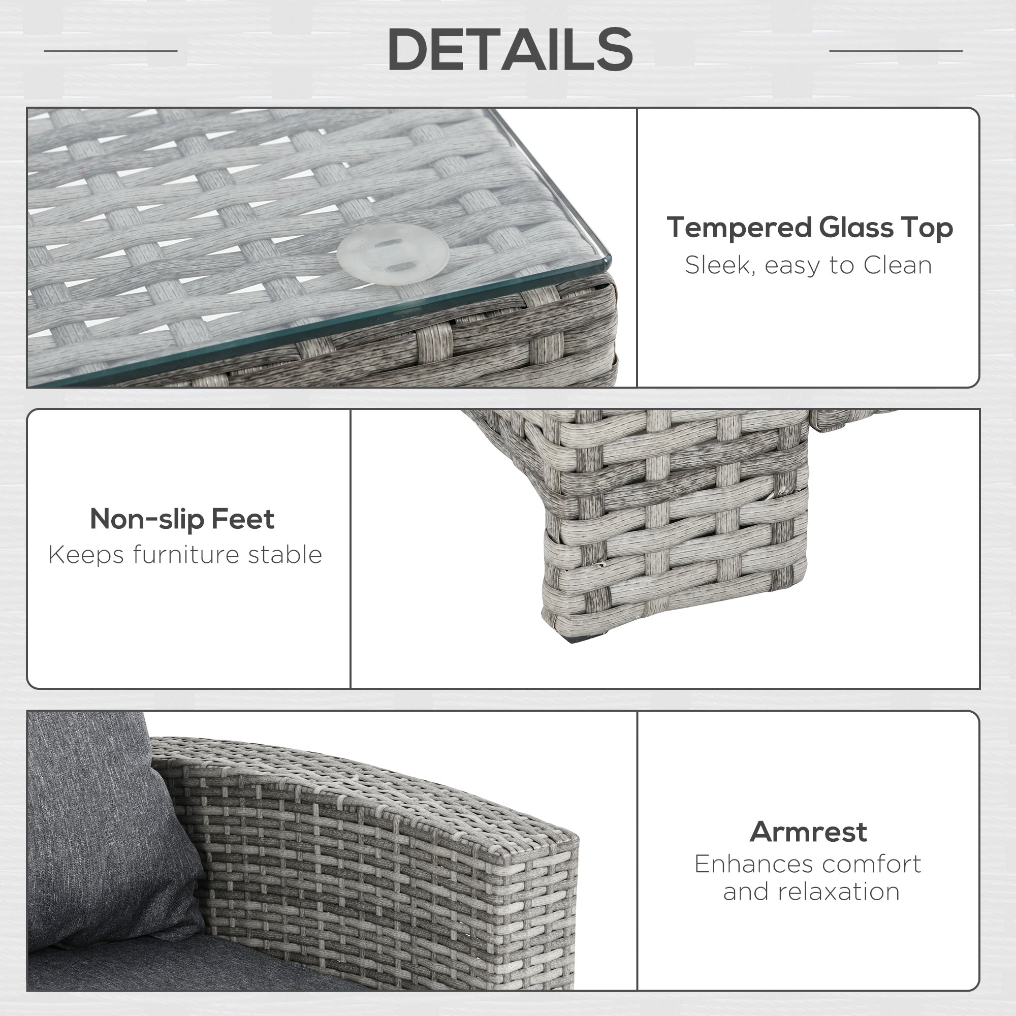 Kozy 6 Pieces PE Rattan Garden Furniture Set with Three-seat, Armchairs and Footstools, Aluminium Patio Wicker Dining Sets w/ Glass Top Dining Table, Soft Cushion, Light Grey