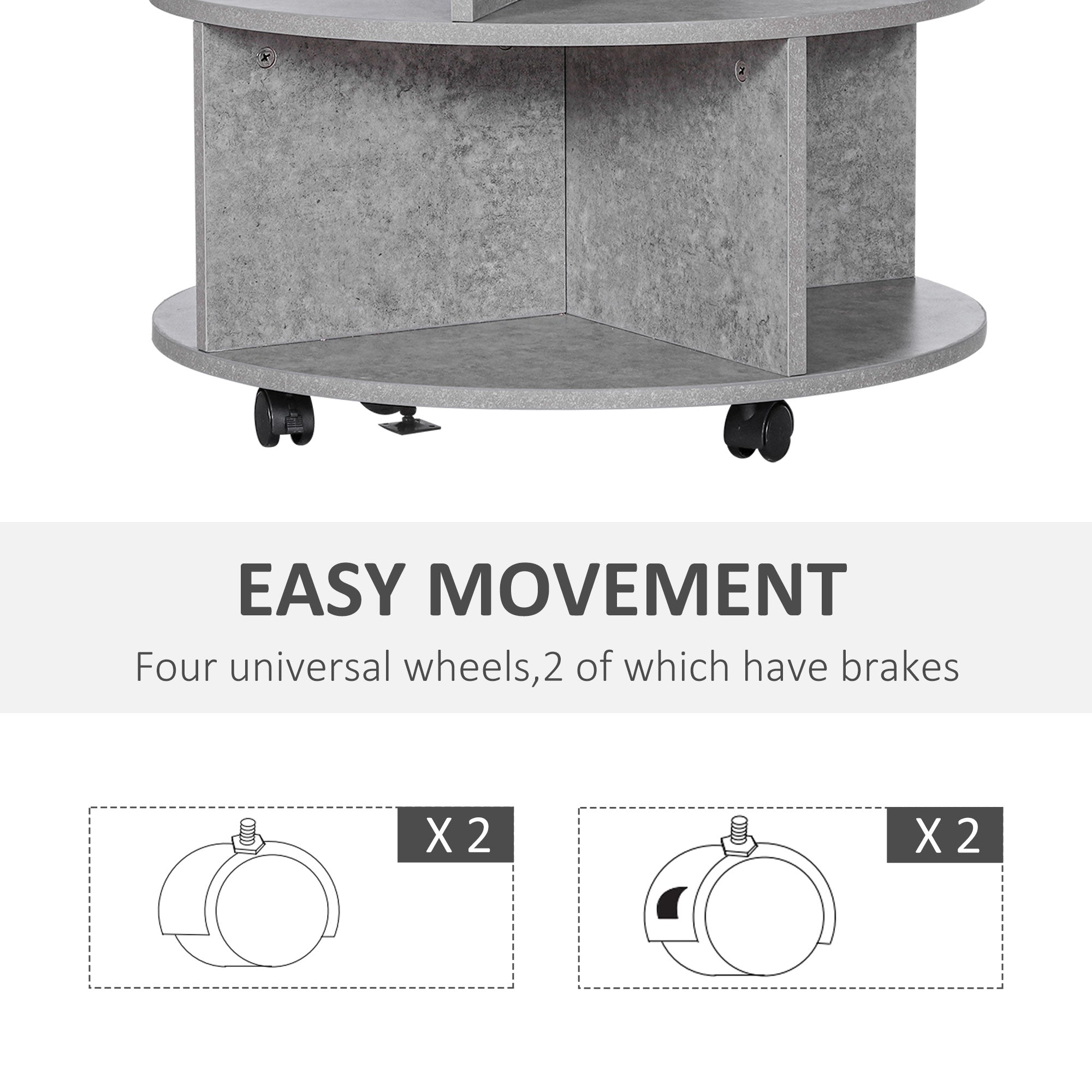 Kozy Round Coffee Table with Wheels, 3-Tier Rolling Side Table for Living Room with Divided Shelves, Cement Colour