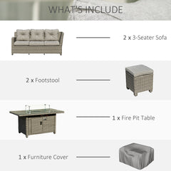 Kozy 8-Seater Outdoor PE Rattan Sofa Set Conversation Set w/ Fire Pit Table, L-Shape Sofa, Footstool and Furniture Cover