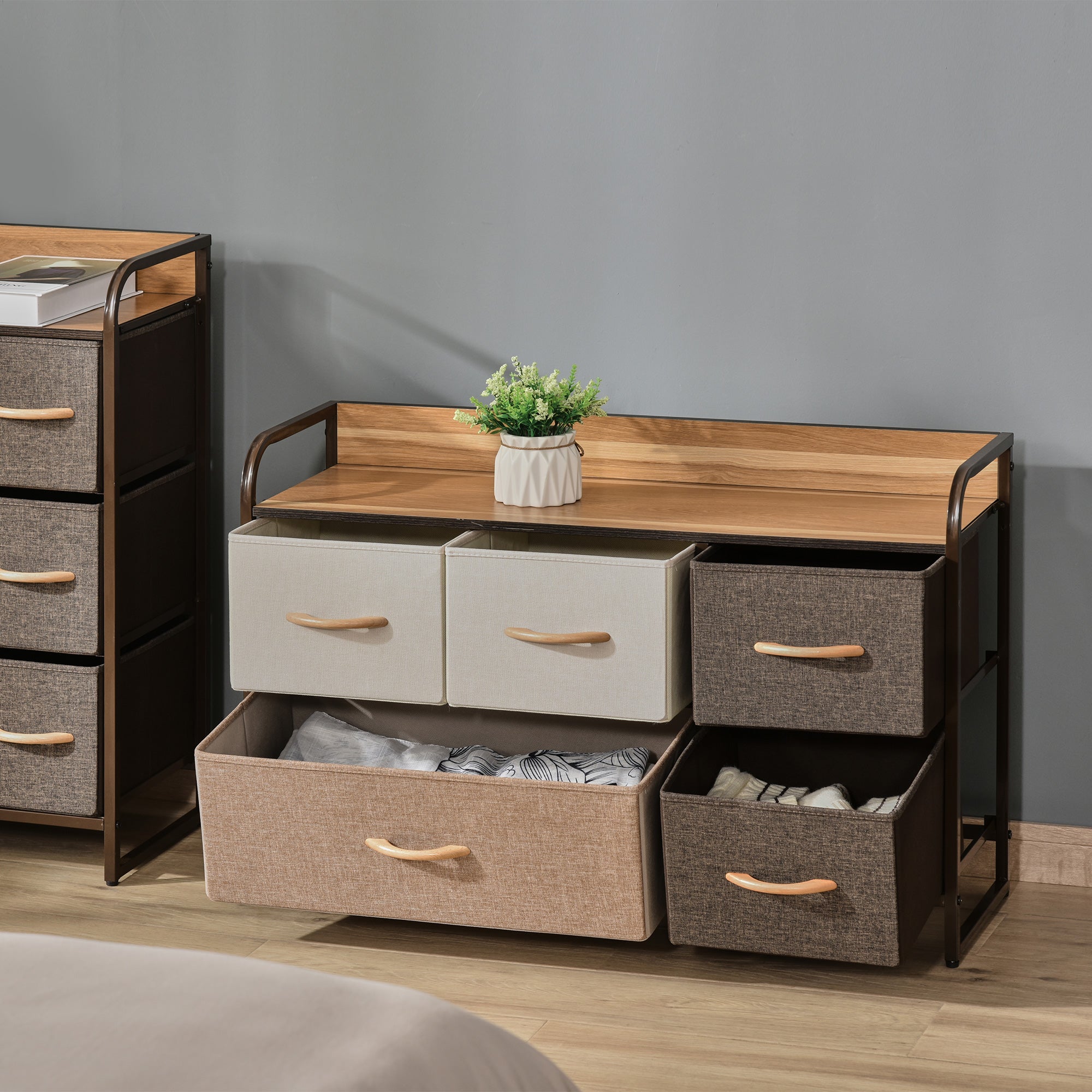 Kozy 5-Drawer Dresser, Linen Fabric Chest of Drawers, Dresser Tower Unit for Bedroom Hallway Entryway, Storage Organizer with Steel Frame Wooden Top