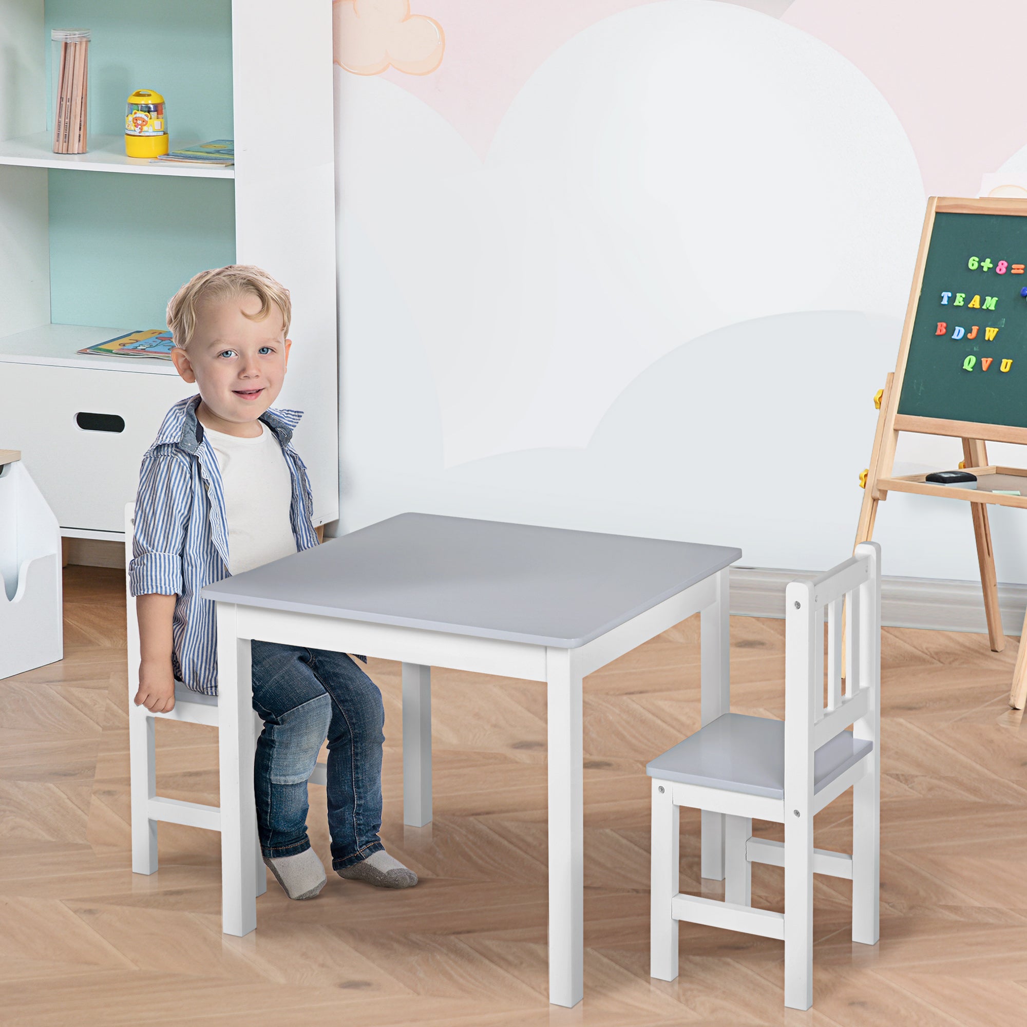 Kozy Kids Table and Chair Set 3 Pieces Toddler Preschoolers Desk with 2 Chairs for Indoor Study Rest Snack Time Grey